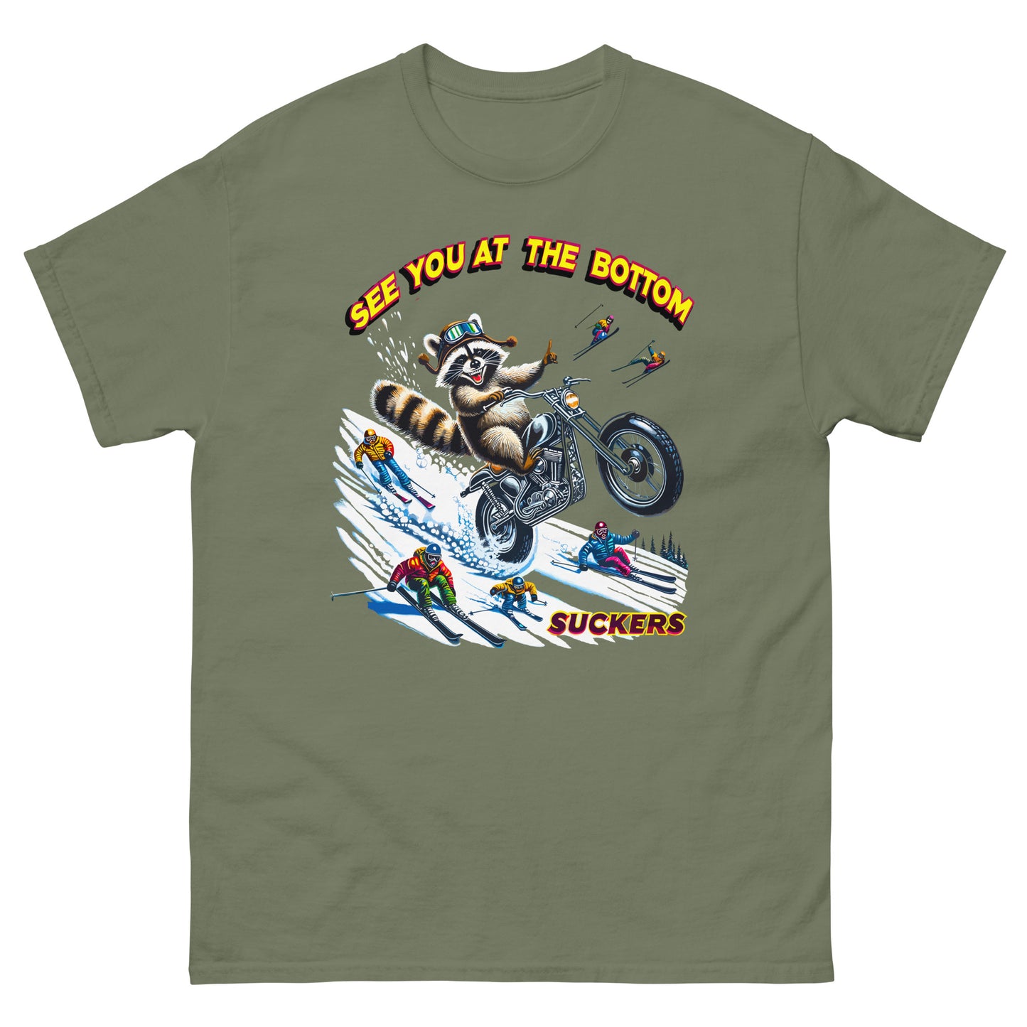 See you at the bottom suckers, racoon biking down the snow, printed t-shirt by Whistler Shirts
