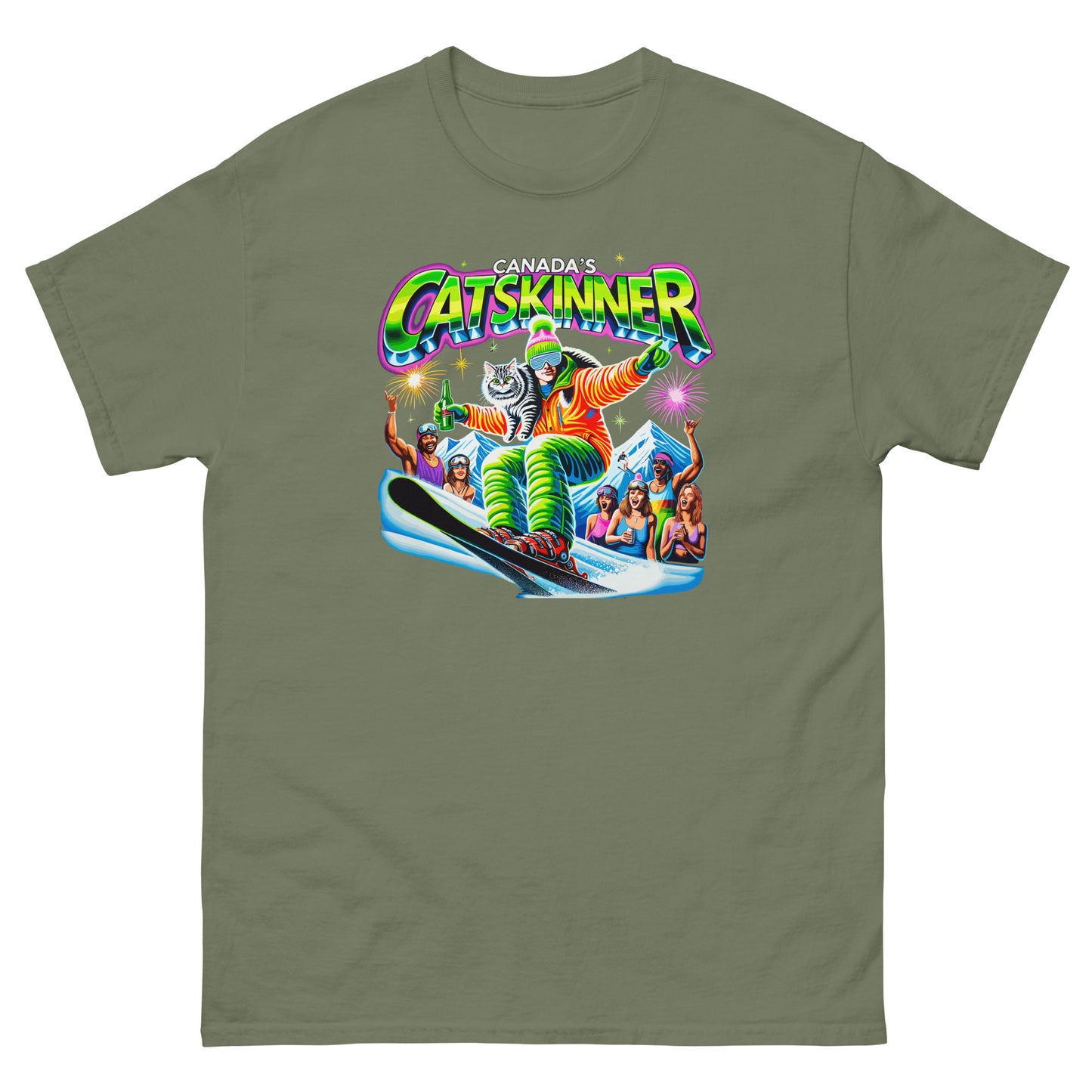 Canadas Catskinner person skiing with cat with people cheering printed on t-shirt by Whistler Shirts