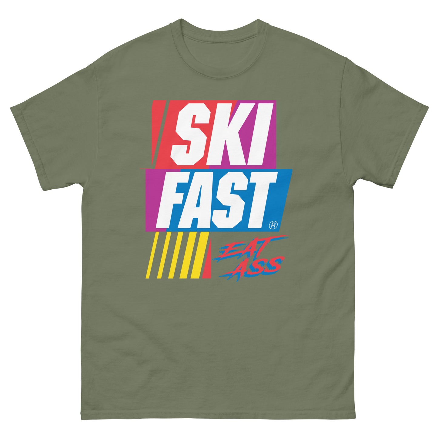 Ski fast eat ass printed on a t-shirt by Whistler Shirts