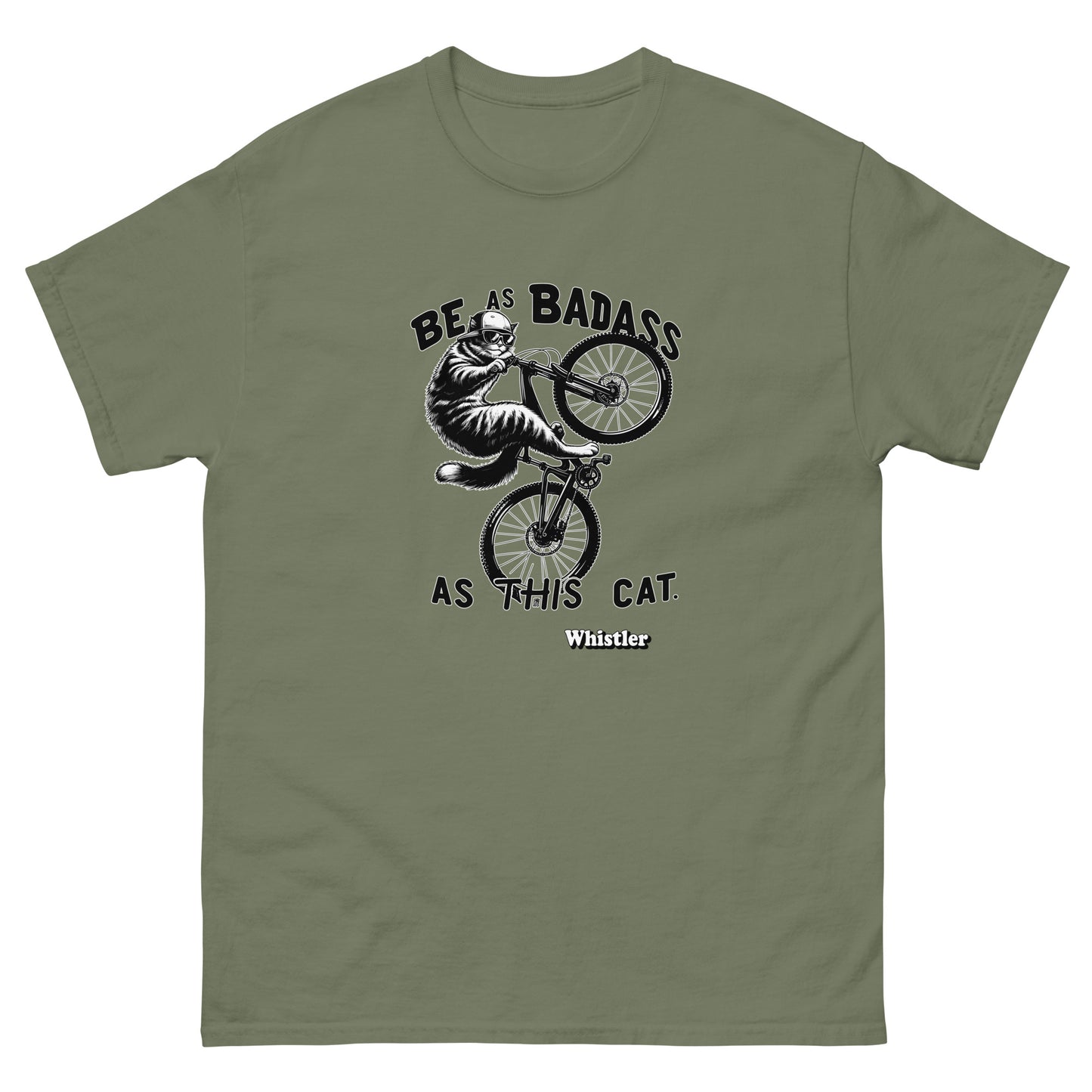 Be as badass as this cat whistler cat riding a bike design printed on a t-shirt by Whistler Shirts
