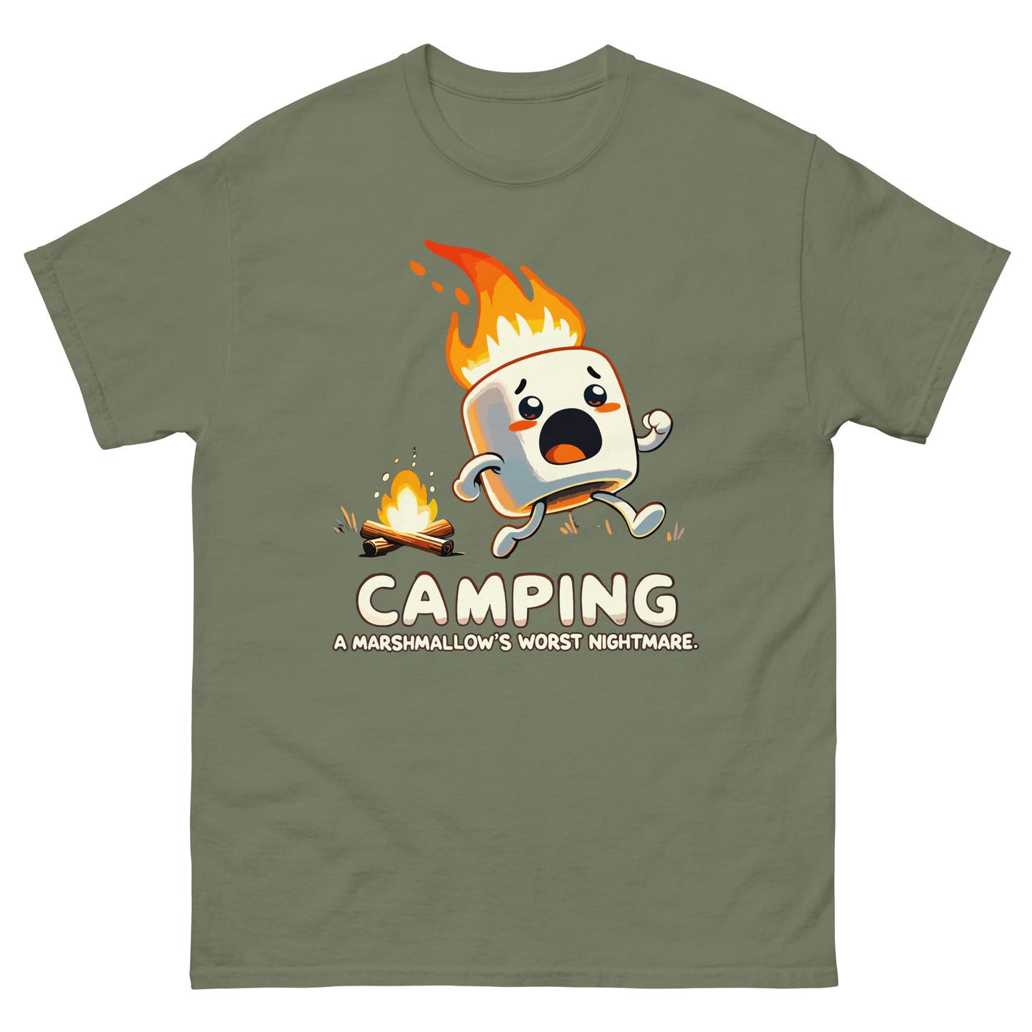 Camping a marshmellow's worst nightmare with flaming marshmellow running away scared from a campfire. Printed t-shirt by Whistler Shirts