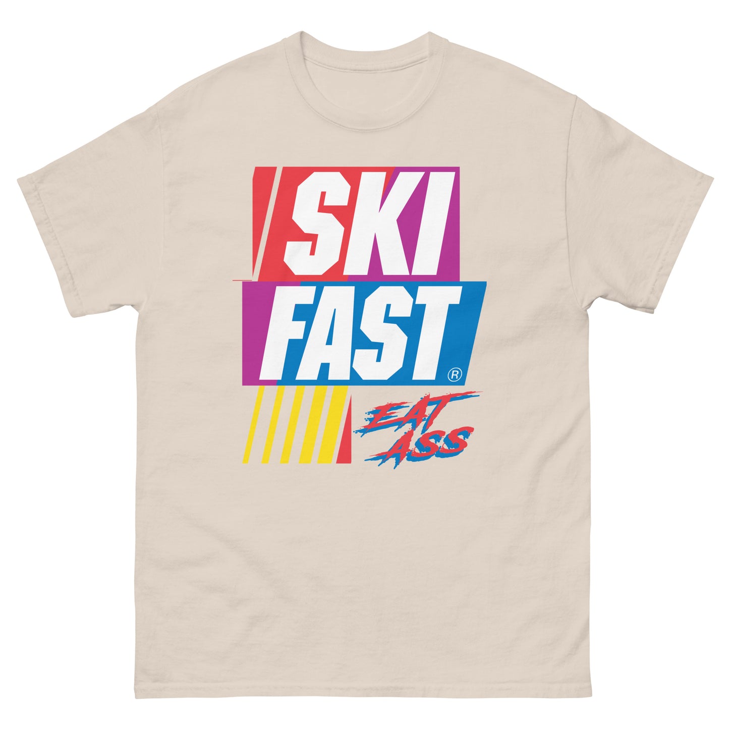 Ski fast eat ass printed on a t-shirt by Whistler Shirts
