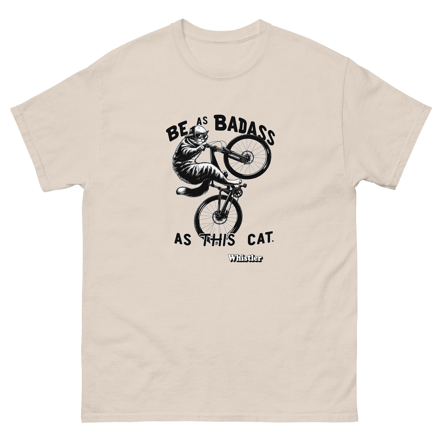 Be as badass as this cat whistler cat riding a bike design printed on a t-shirt by Whistler Shirts