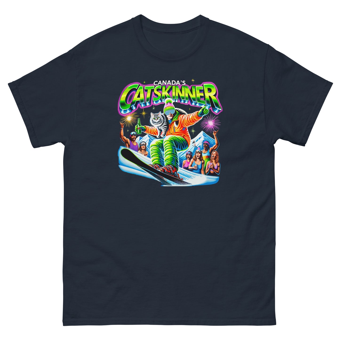 Canadas Catskinner person skiing with cat with people cheering printed on t-shirt by Whistler Shirts