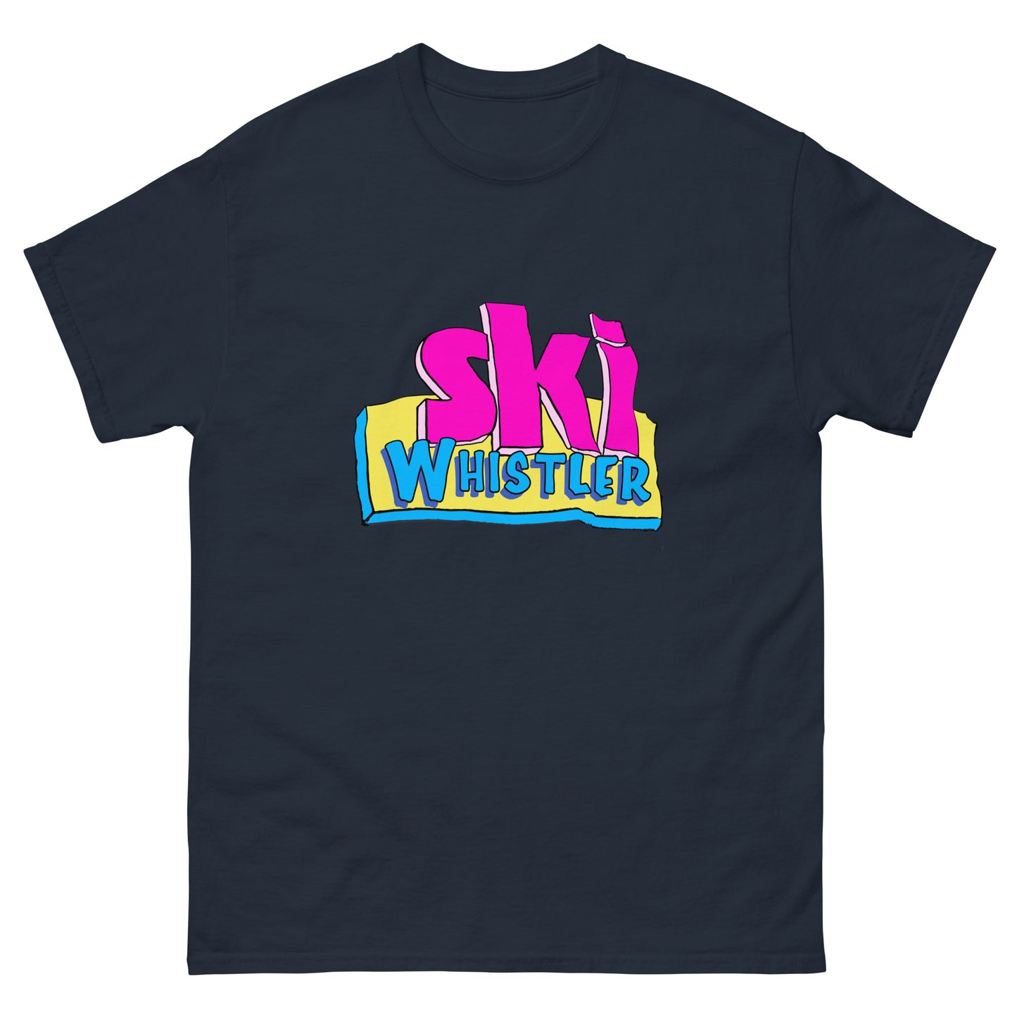 Ski Whistler printed in cartoon text on t-shirt by Whistler Shirts