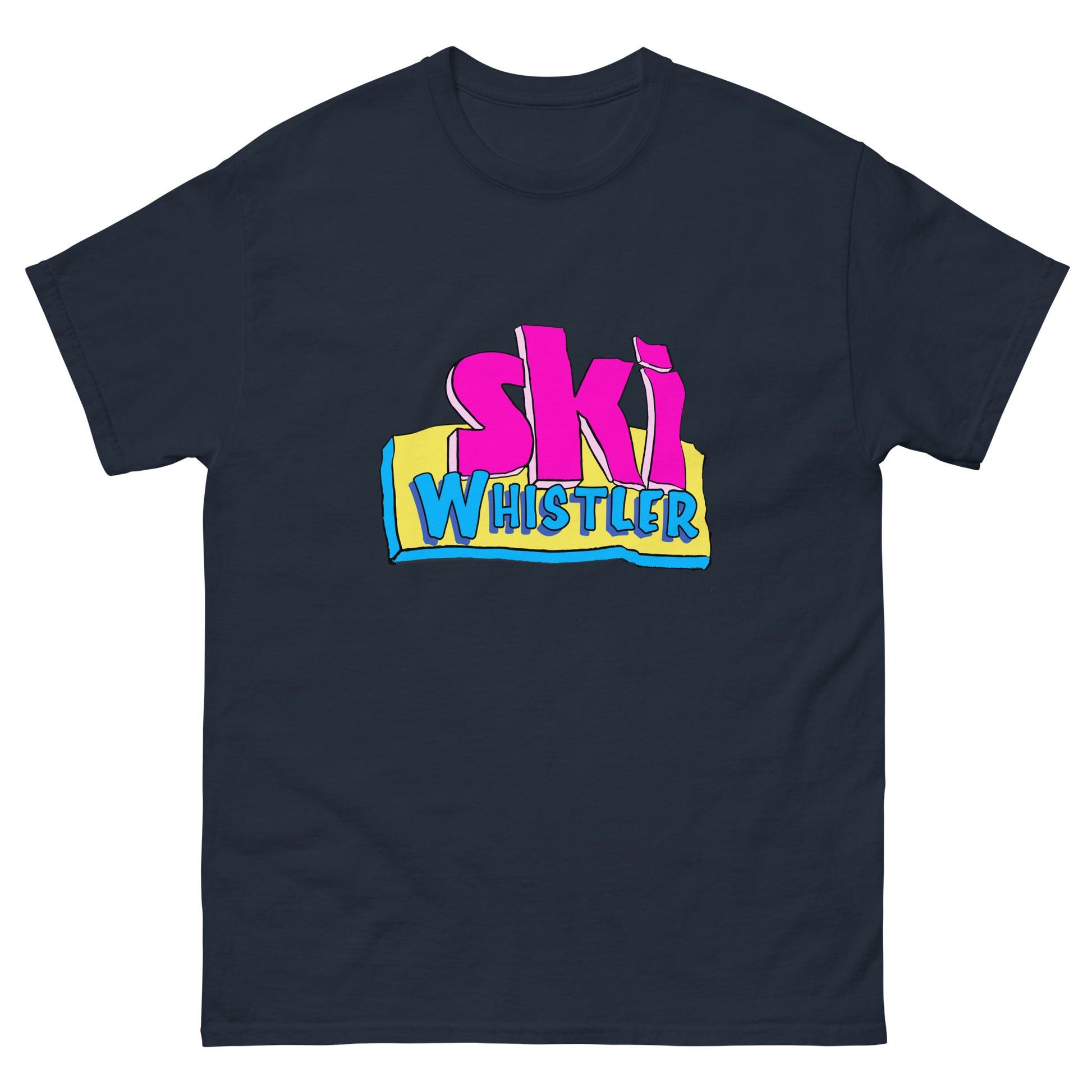 Ski Whistler printed in cartoon text on t-shirt by Whistler Shirts