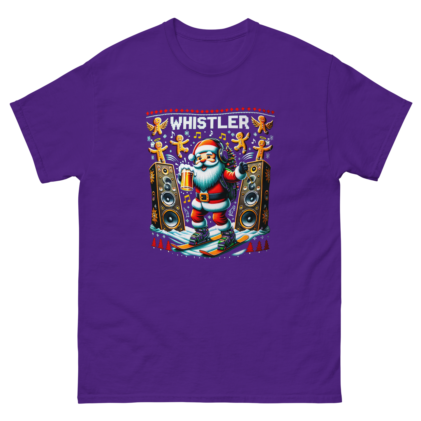 Rave santa drinking beer while skiing with giant speakers and ginger bread men in Whistler, ugly Christmas t-shirt printed by Whistler Shirts