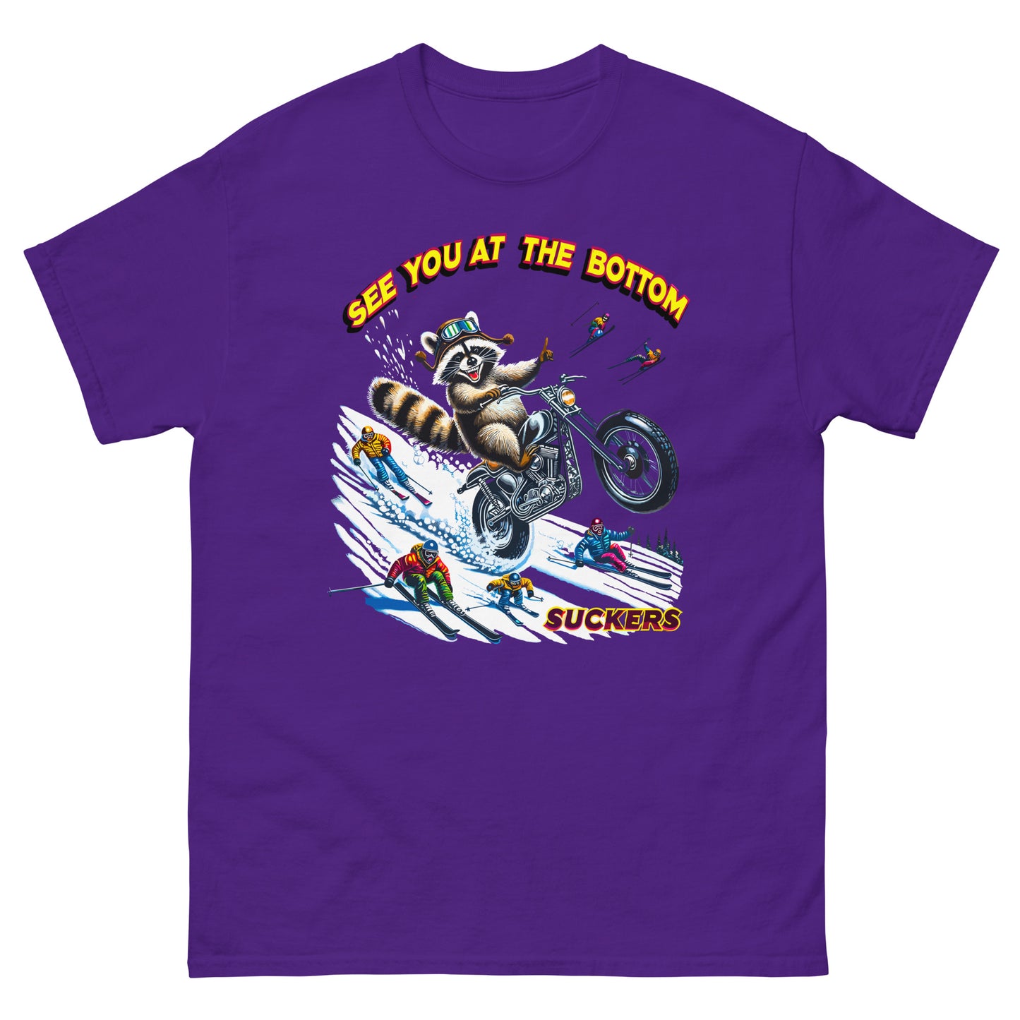 See you at the bottom suckers, racoon biking down the snow, printed t-shirt by Whistler Shirts