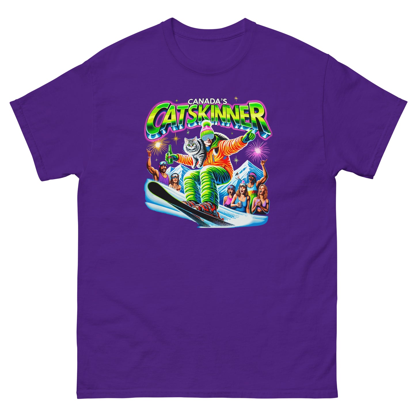 Canadas Catskinner person skiing with cat with people cheering printed on t-shirt by Whistler Shirts