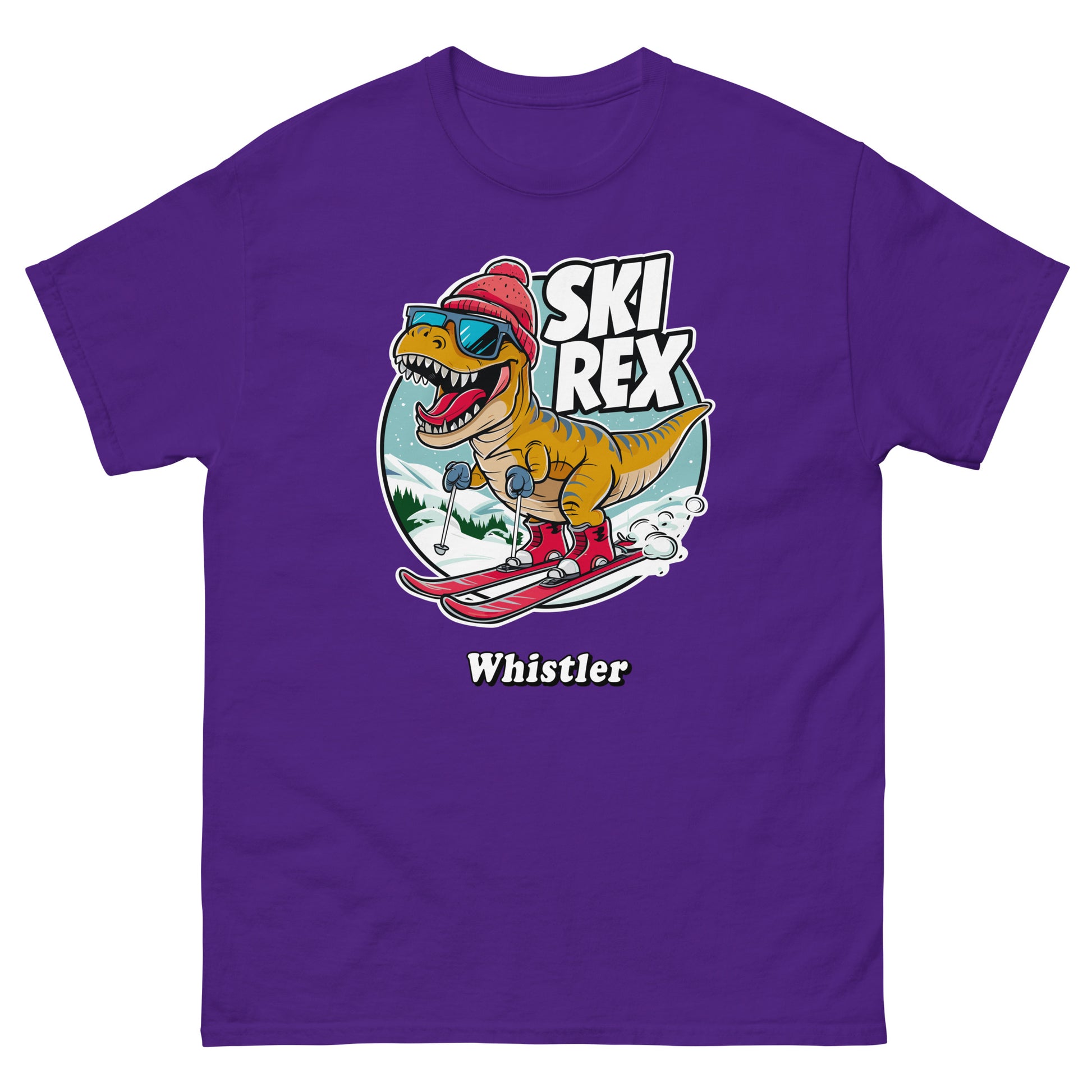 Ski Rex Whistler t-rex skiing printed t-shirts by Whistler Shirts