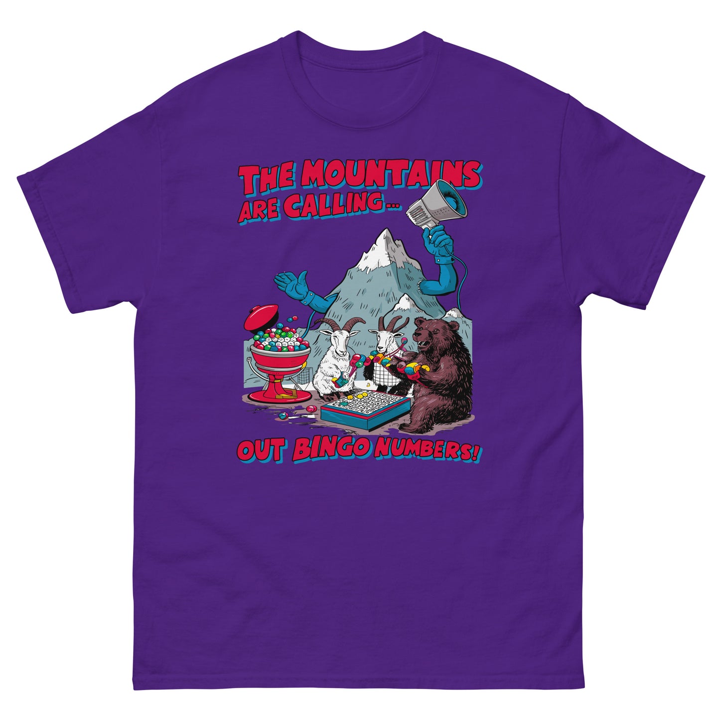 The mountains are calling out bingo numbers design printed on t-shirt by Whistler Shirts