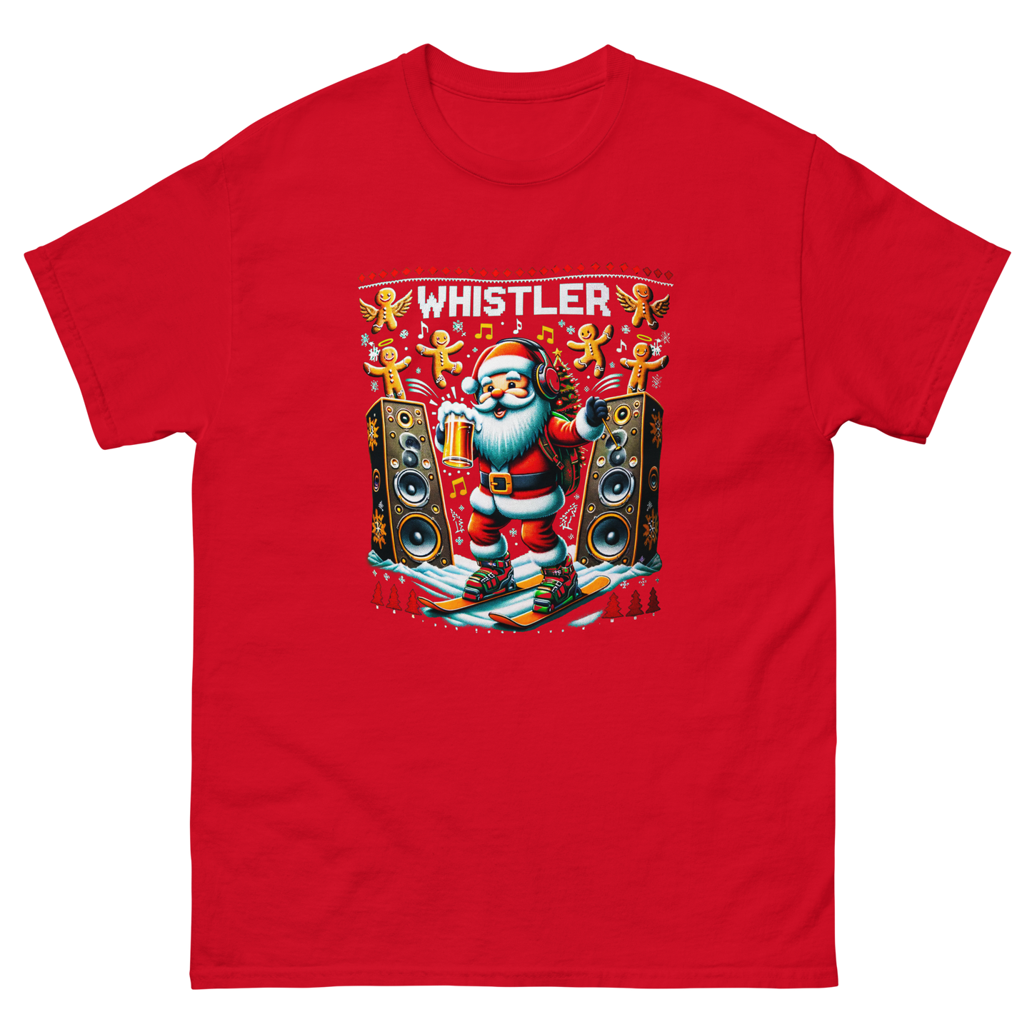 Rave santa drinking beer while skiing with giant speakers and ginger bread men in Whistler, ugly Christmas t-shirt printed by Whistler Shirts