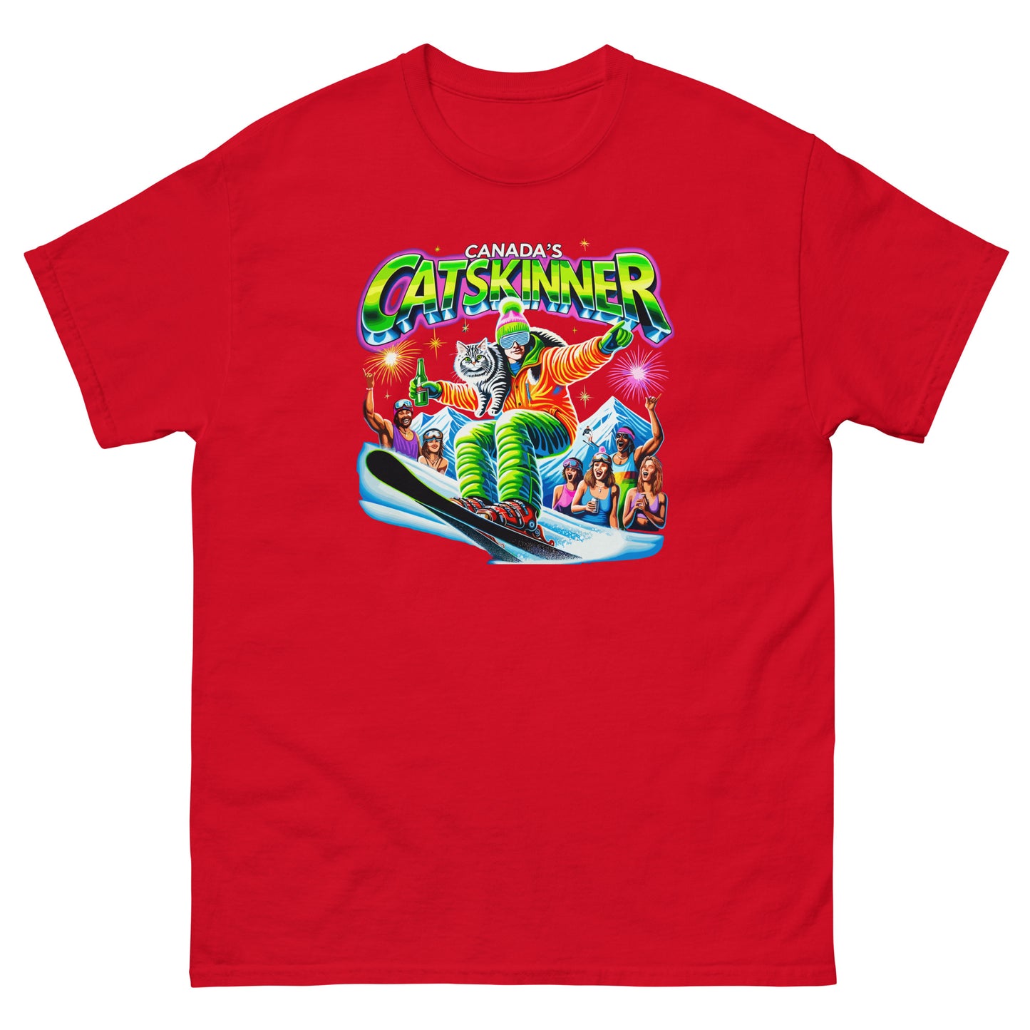 Canadas Catskinner person skiing with cat with people cheering printed on t-shirt by Whistler Shirts