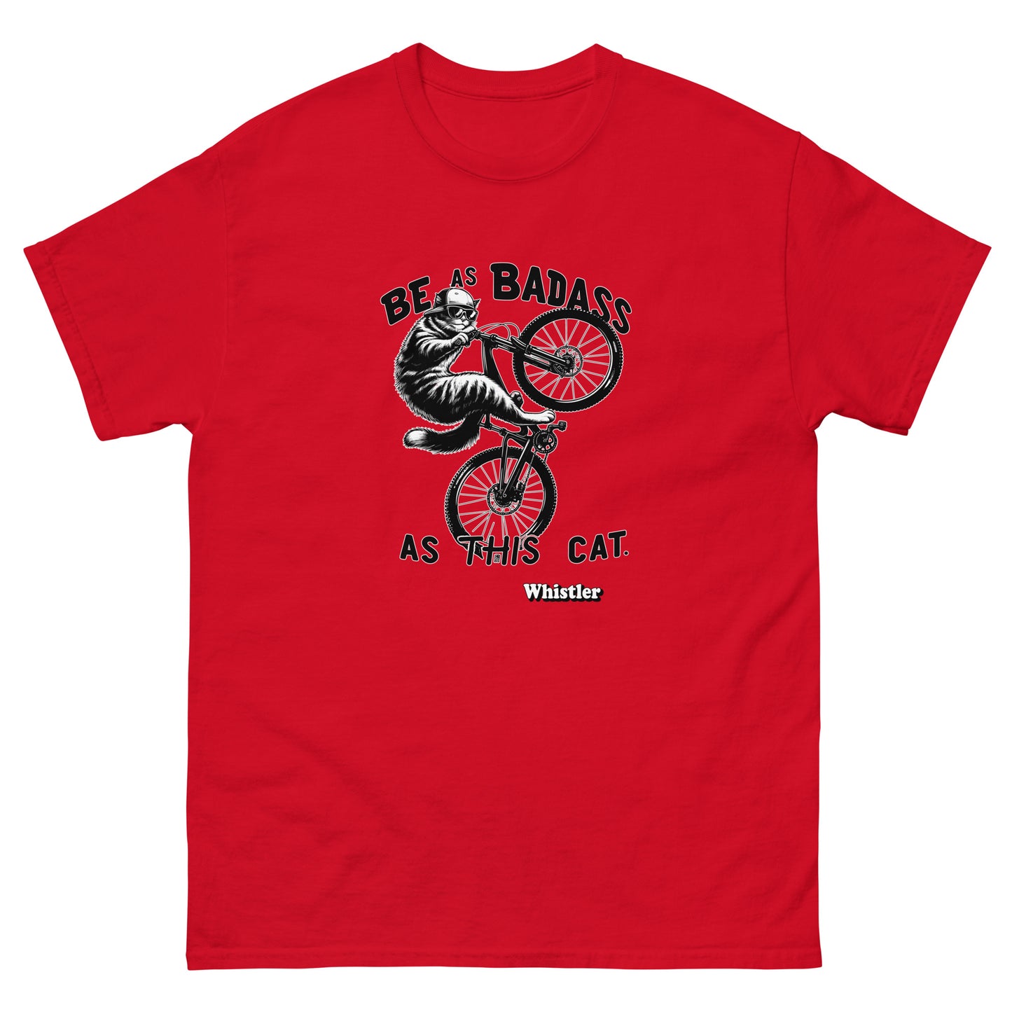 Be as badass as this cat whistler cat riding a bike design printed on a t-shirt by Whistler Shirts