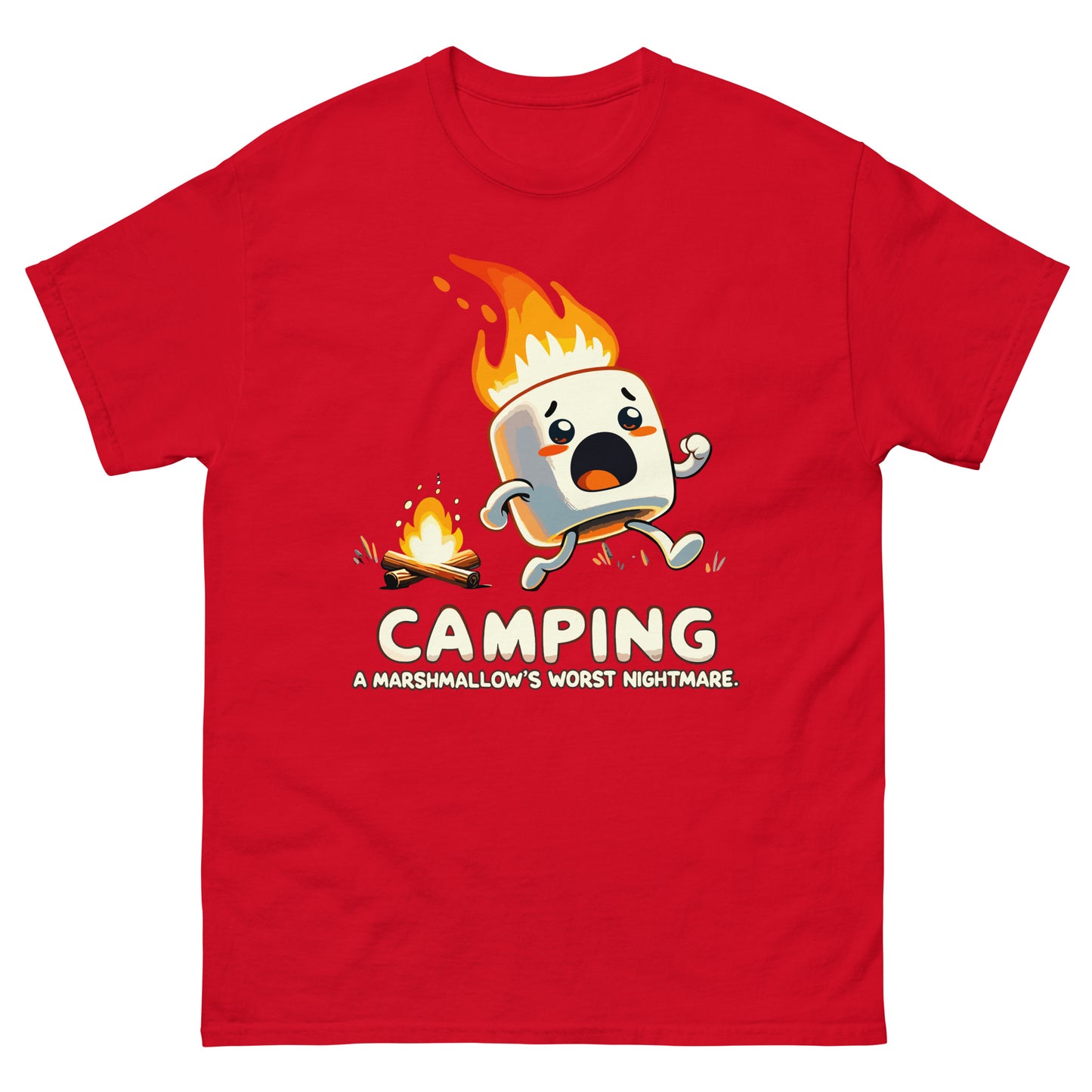 Camping a marshmellow's worst nightmare with flaming marshmellow running away scared from a campfire. Printed t-shirt by Whistler Shirts