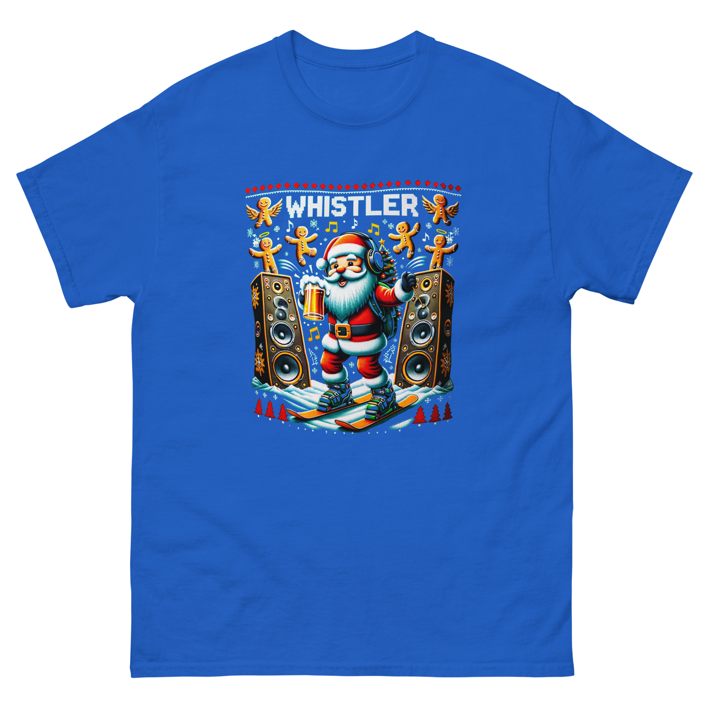 Rave santa drinking beer while skiing with giant speakers and ginger bread men in Whistler, ugly Christmas t-shirt printed by Whistler Shirts