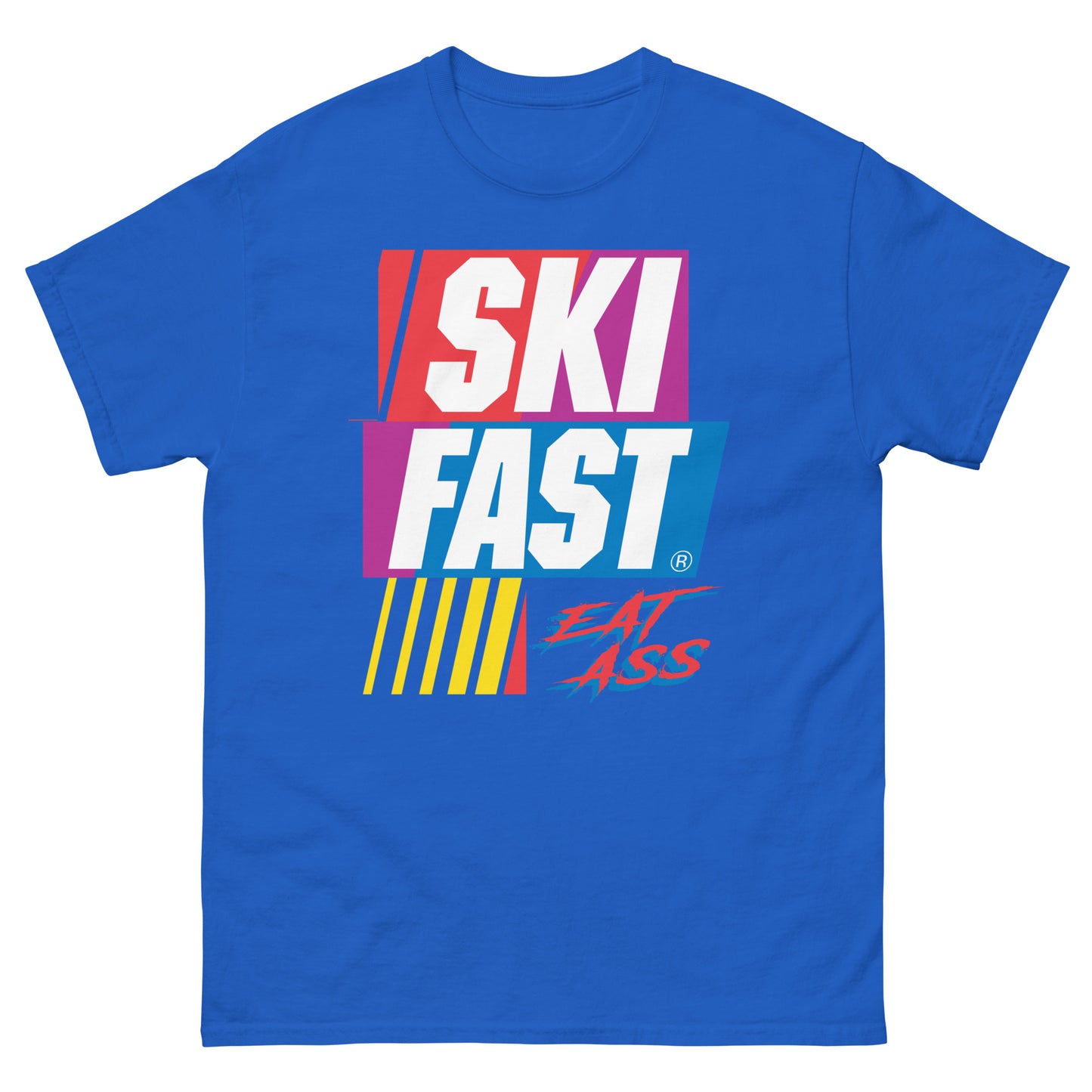 Ski fast eat ass printed on a t-shirt by Whistler Shirts