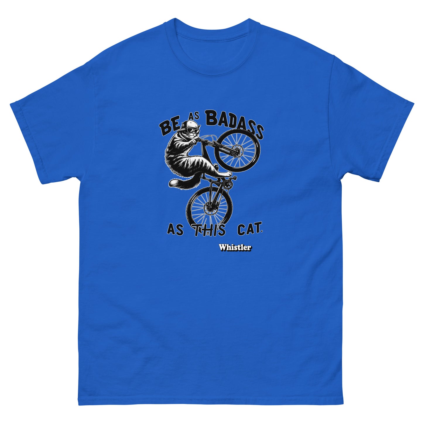 Be as badass as this cat whistler cat riding a bike design printed on a t-shirt by Whistler Shirts