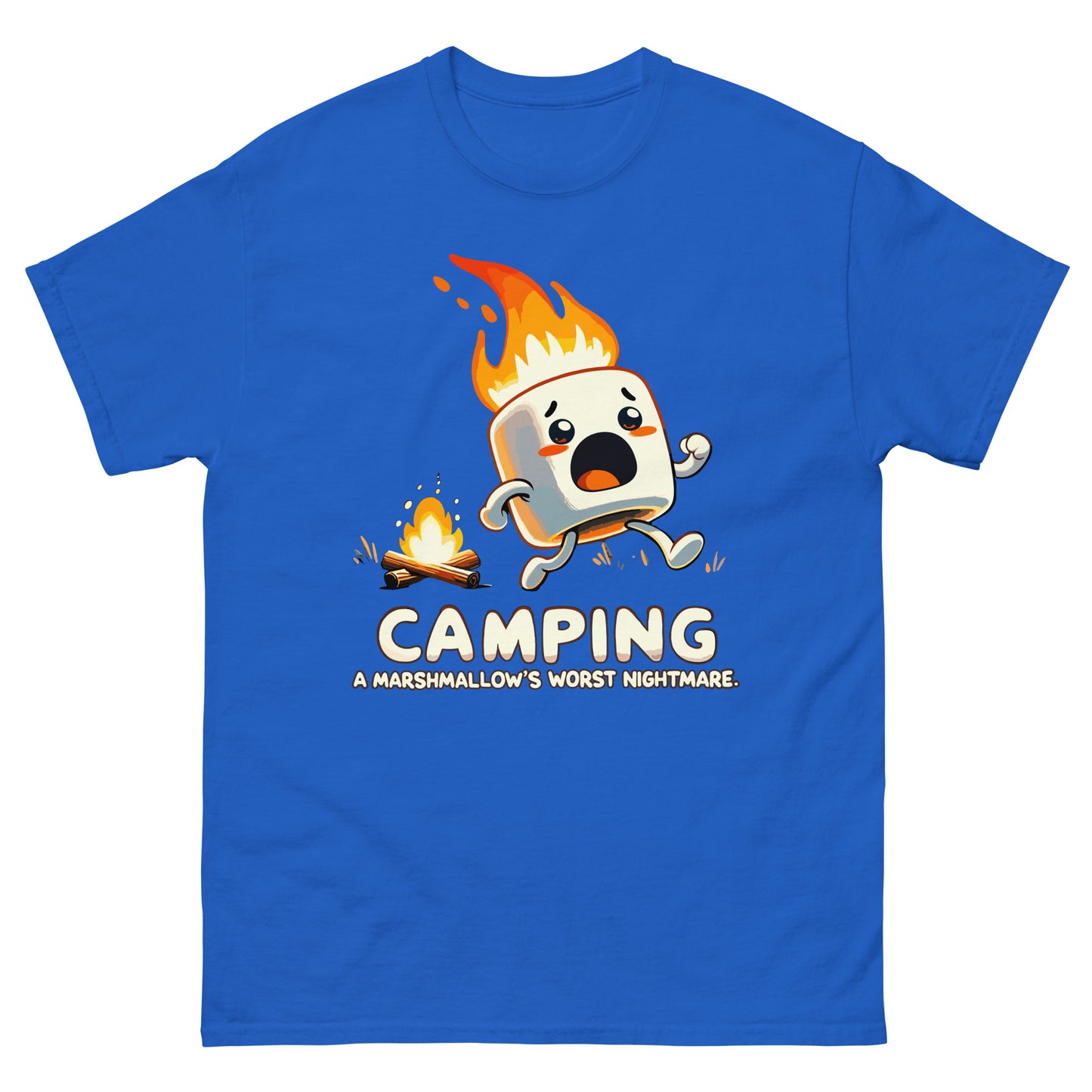 Camping a marshmellow's worst nightmare with flaming marshmellow running away scared from a campfire. Printed t-shirt by Whistler Shirts