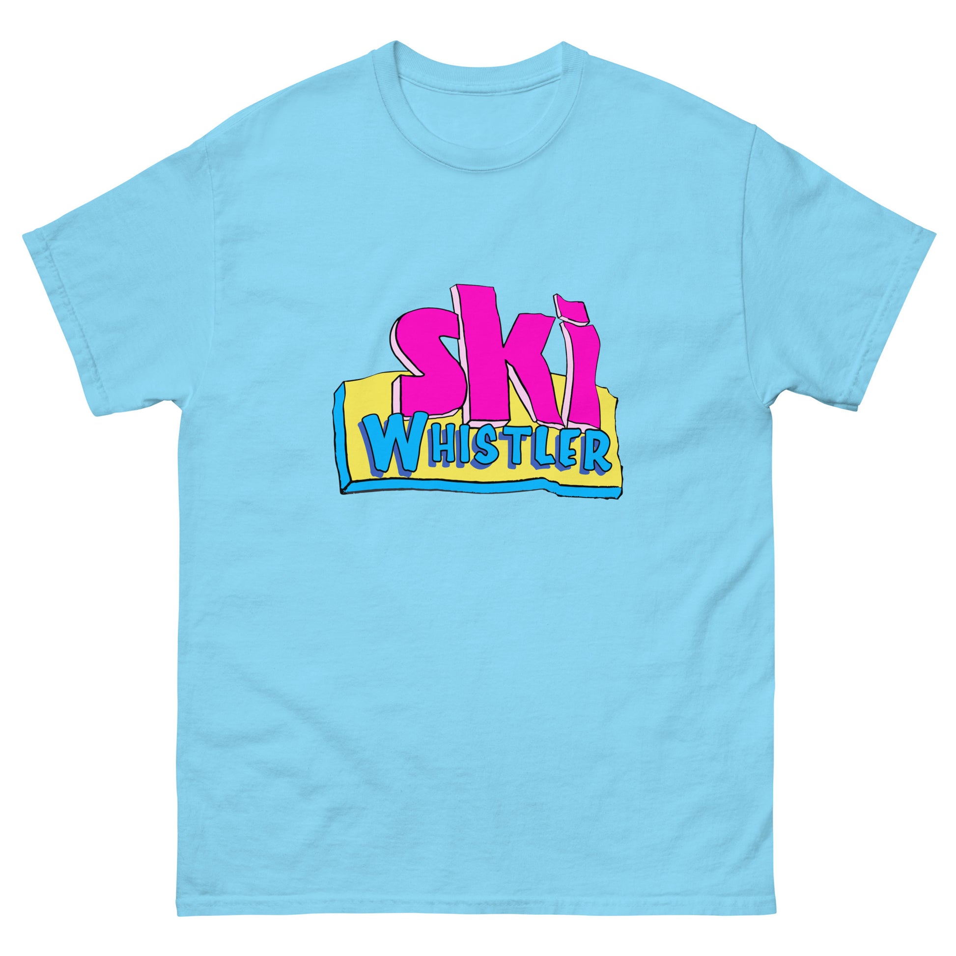 Ski Whistler printed in cartoon text on t-shirt by Whistler Shirts