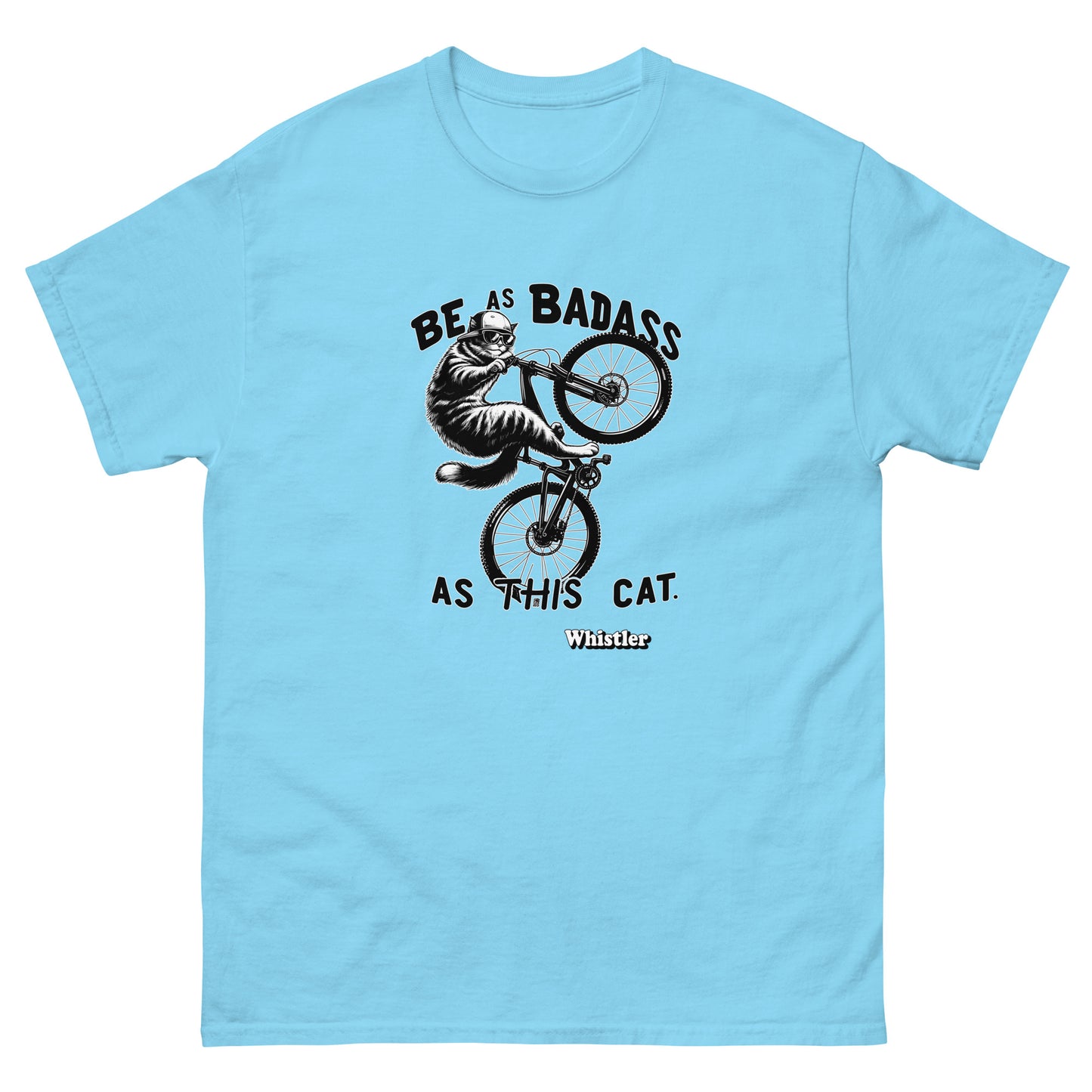 Be as badass as this cat whistler cat riding a bike design printed on a t-shirt by Whistler Shirts