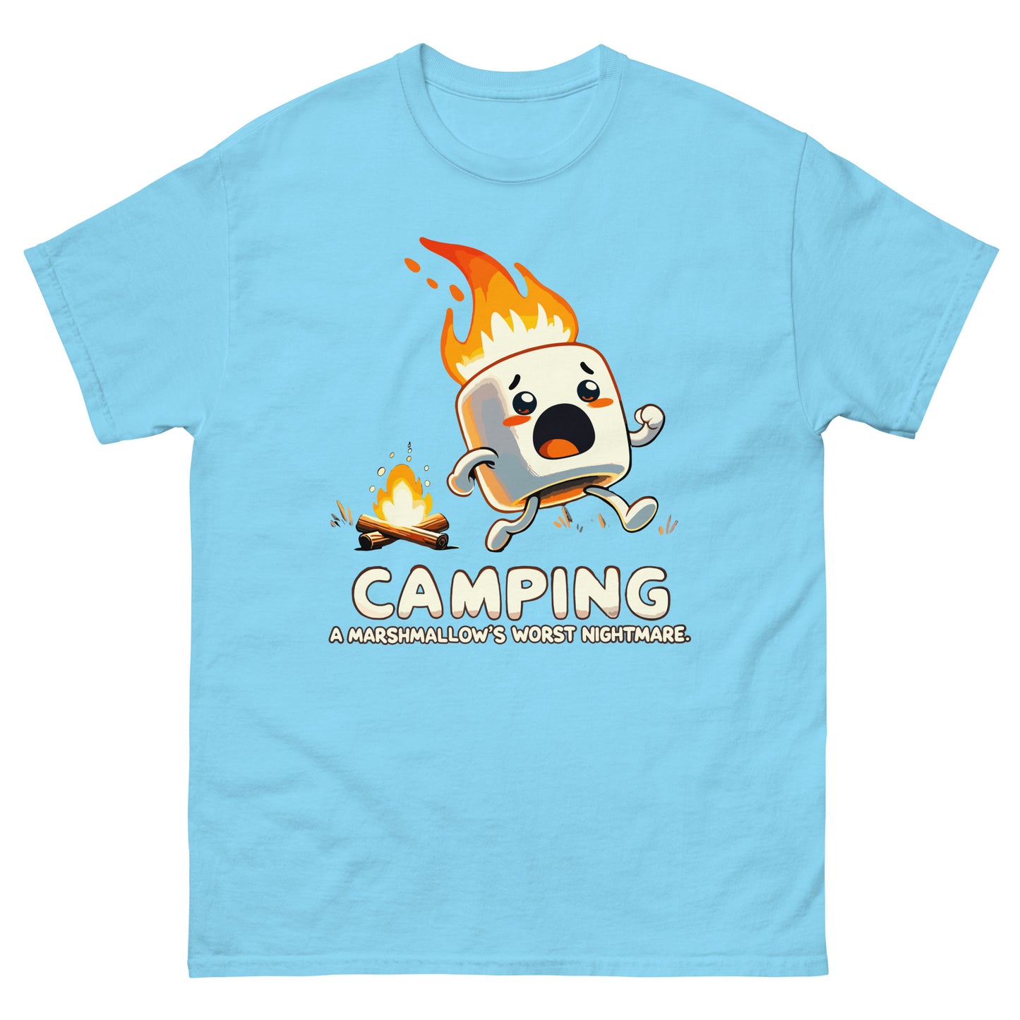 Camping a marshmellow's worst nightmare with flaming marshmellow running away scared from a campfire. Printed t-shirt by Whistler Shirts