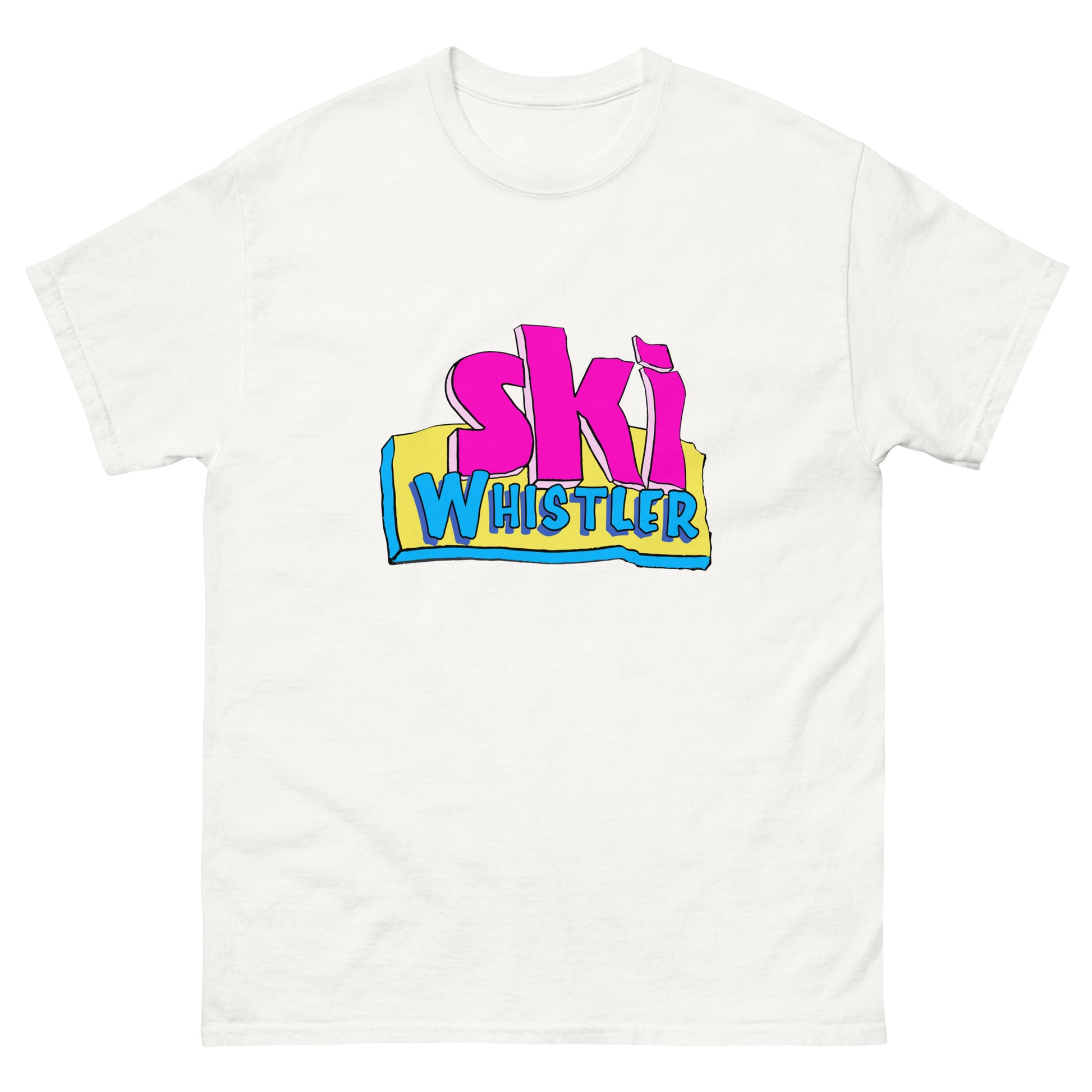 Ski Whistler printed in cartoon text on t-shirt by Whistler Shirts