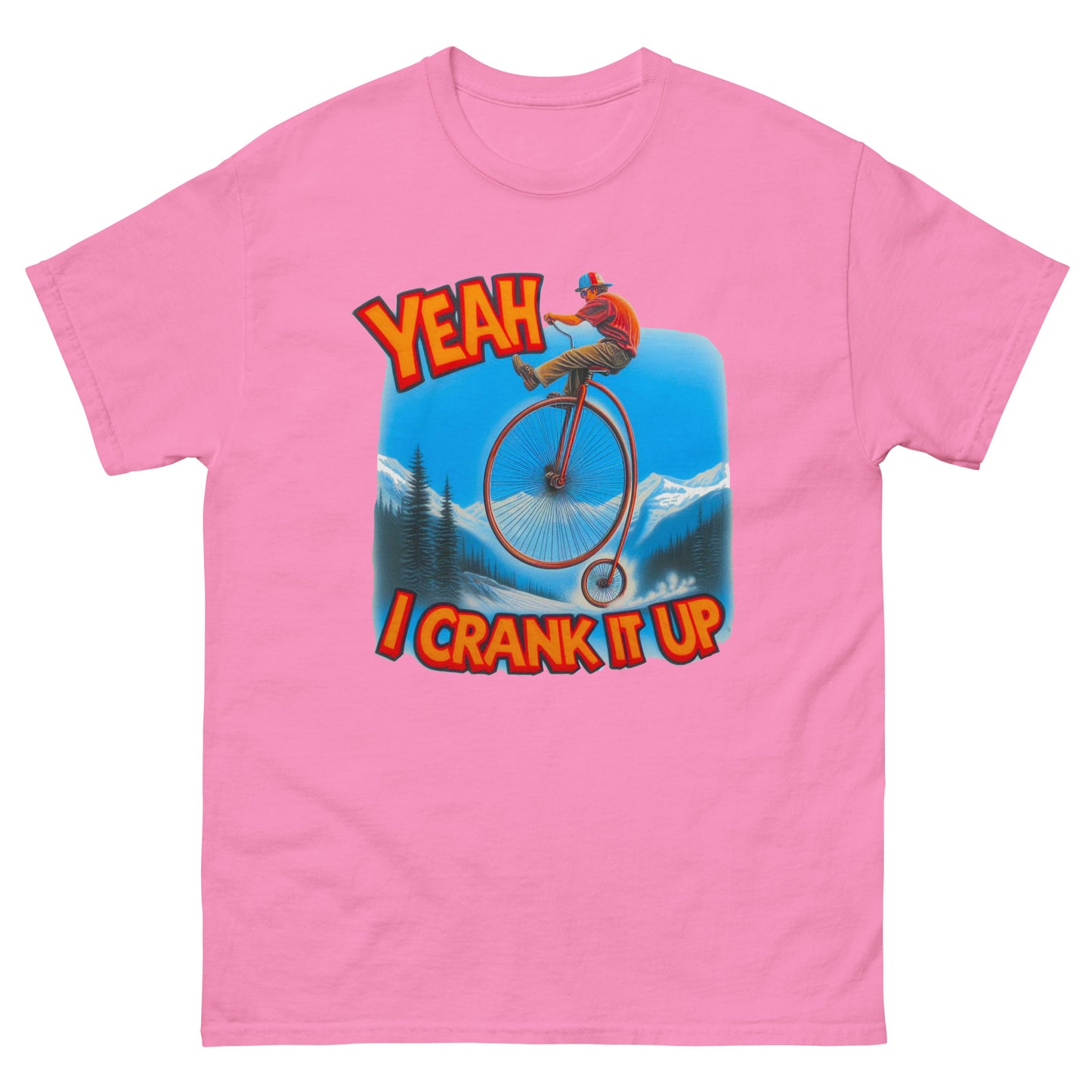Yeah I crank it up design with man on a penny farthing printed on a t-shirt by Whistler shirts