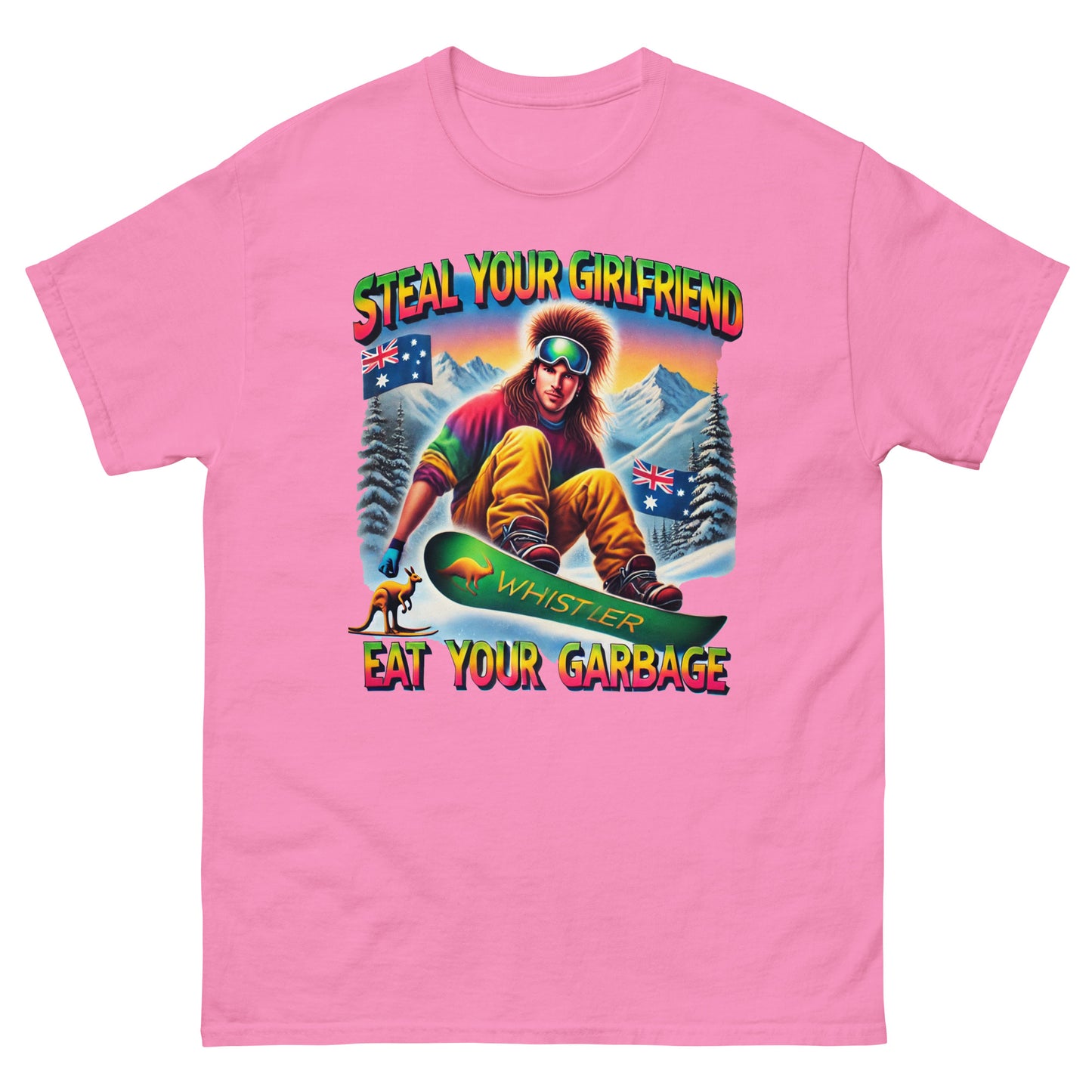 Steal Your Girlfriend Eat your garbage with australian guy with mullet snowboarding with kangaroo design printed on T-shirt by whistler Shirts
