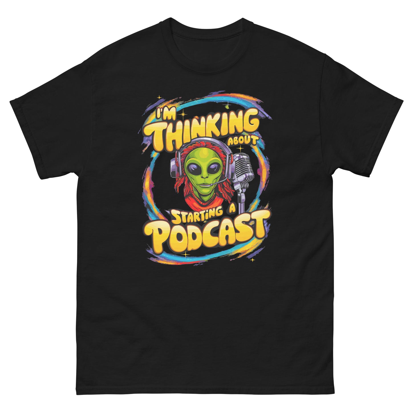 I'm thinking about starting a podcast design with alien and a microphone printed on a t-shirt by Whistler Shirts