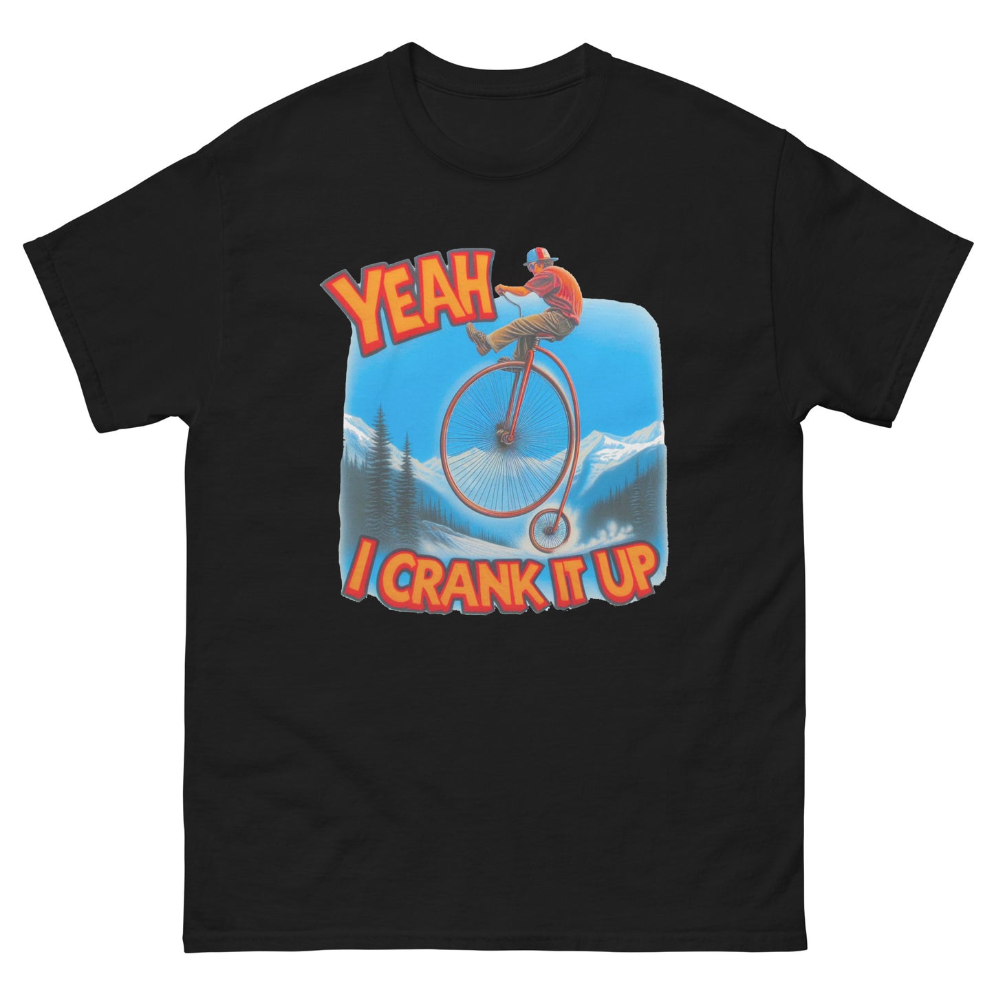 Yeah I crank it up design with man on a penny farthing printed on a t-shirt by Whistler shirts