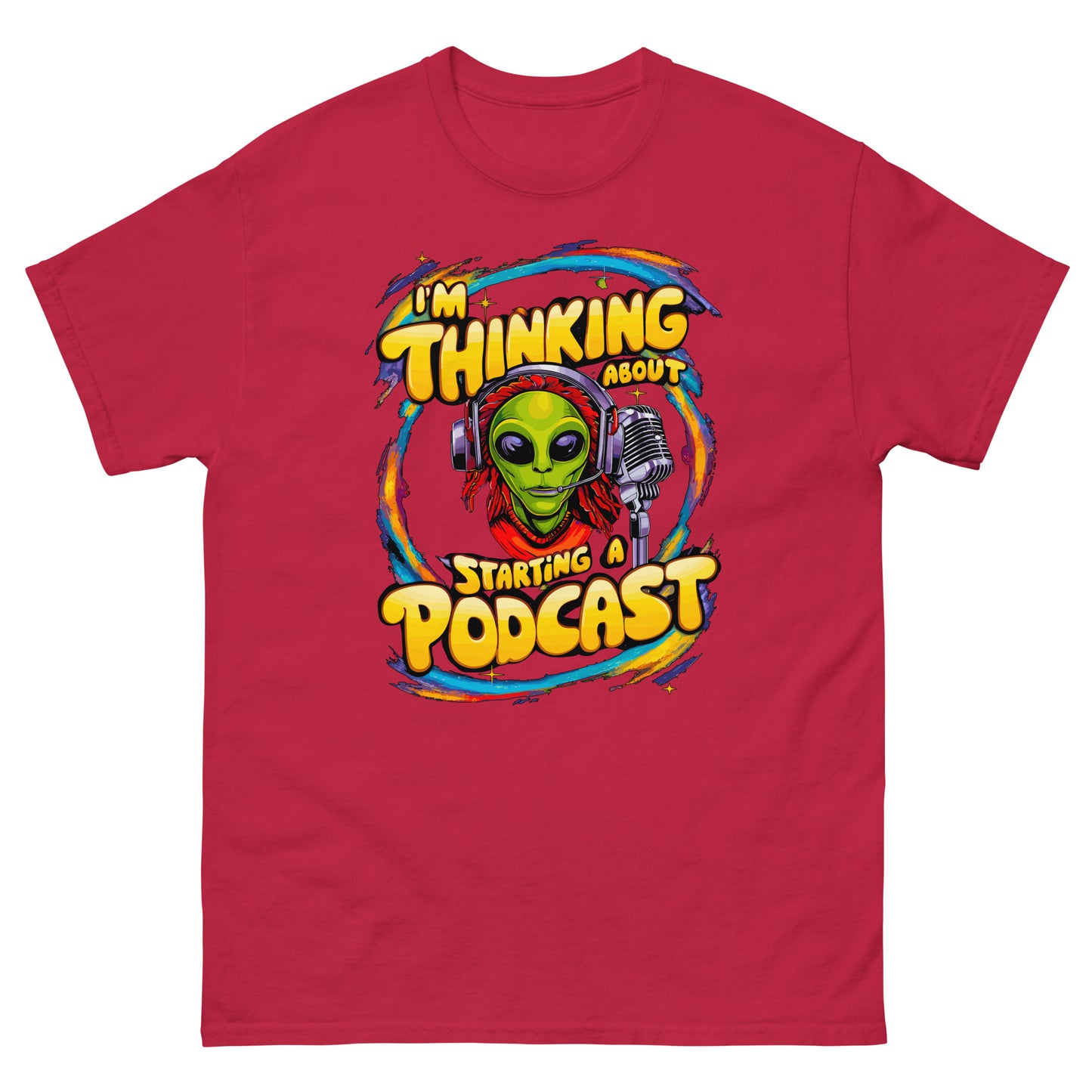I'm thinking about starting a podcast design with alien and a microphone printed on a t-shirt by Whistler Shirts