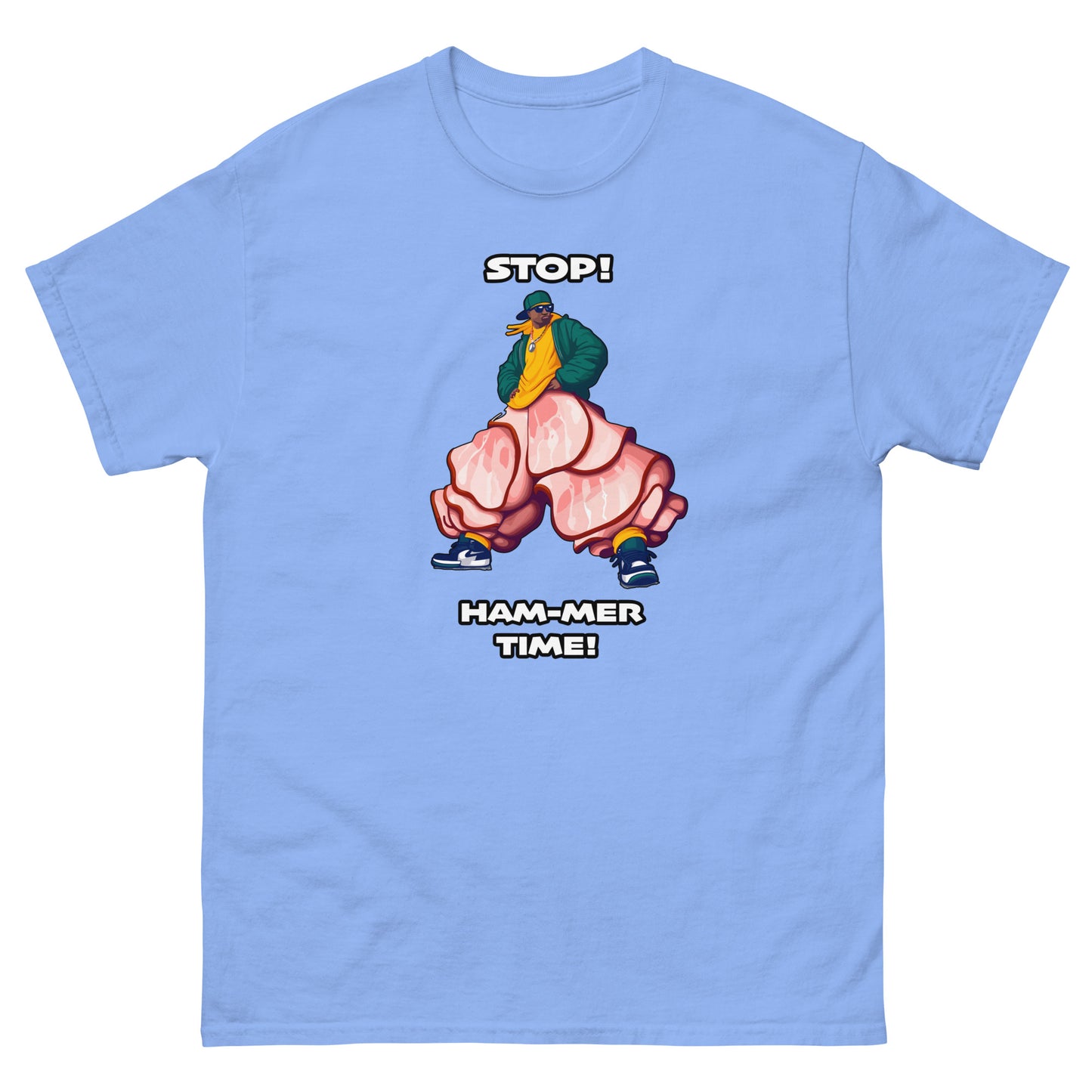 Stop Hammer time Design, MC hammer with slices of ham for pants as a funny pun, printed on a t-shirt by Whistler Shirts