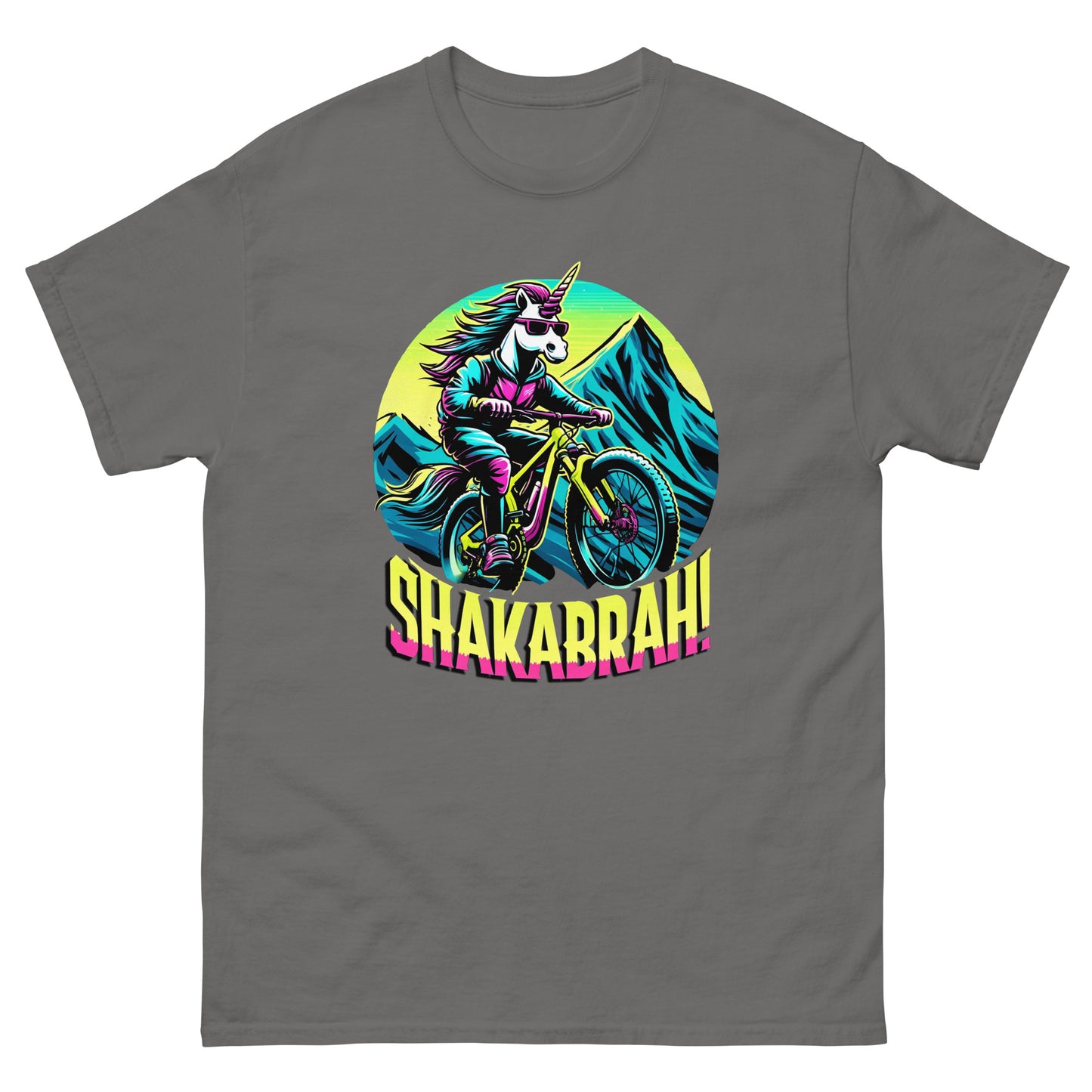 Shakabrah Colourful Mountain Biking Unicorn design printed on a t-shirt by Whistler Shirts