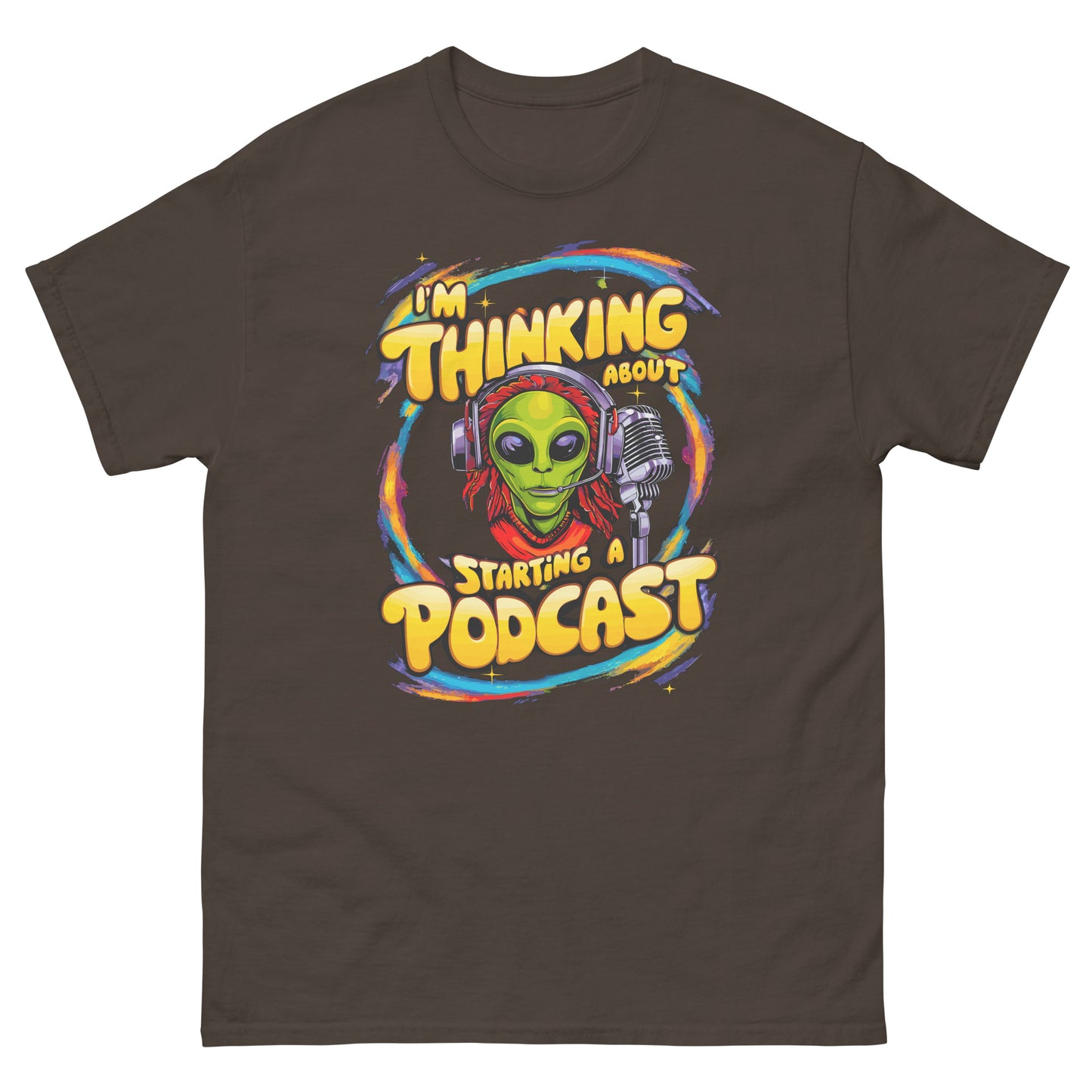 I'm thinking about starting a podcast design with alien and a microphone printed on a t-shirt by Whistler Shirts
