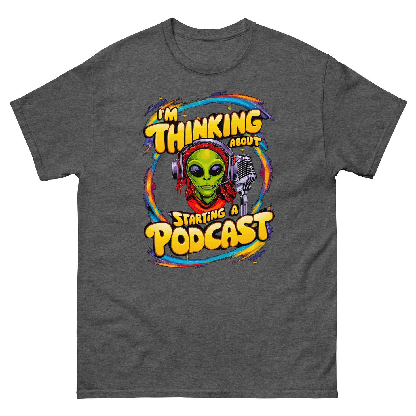 I'm thinking about starting a podcast design with alien and a microphone printed on a t-shirt by Whistler Shirts