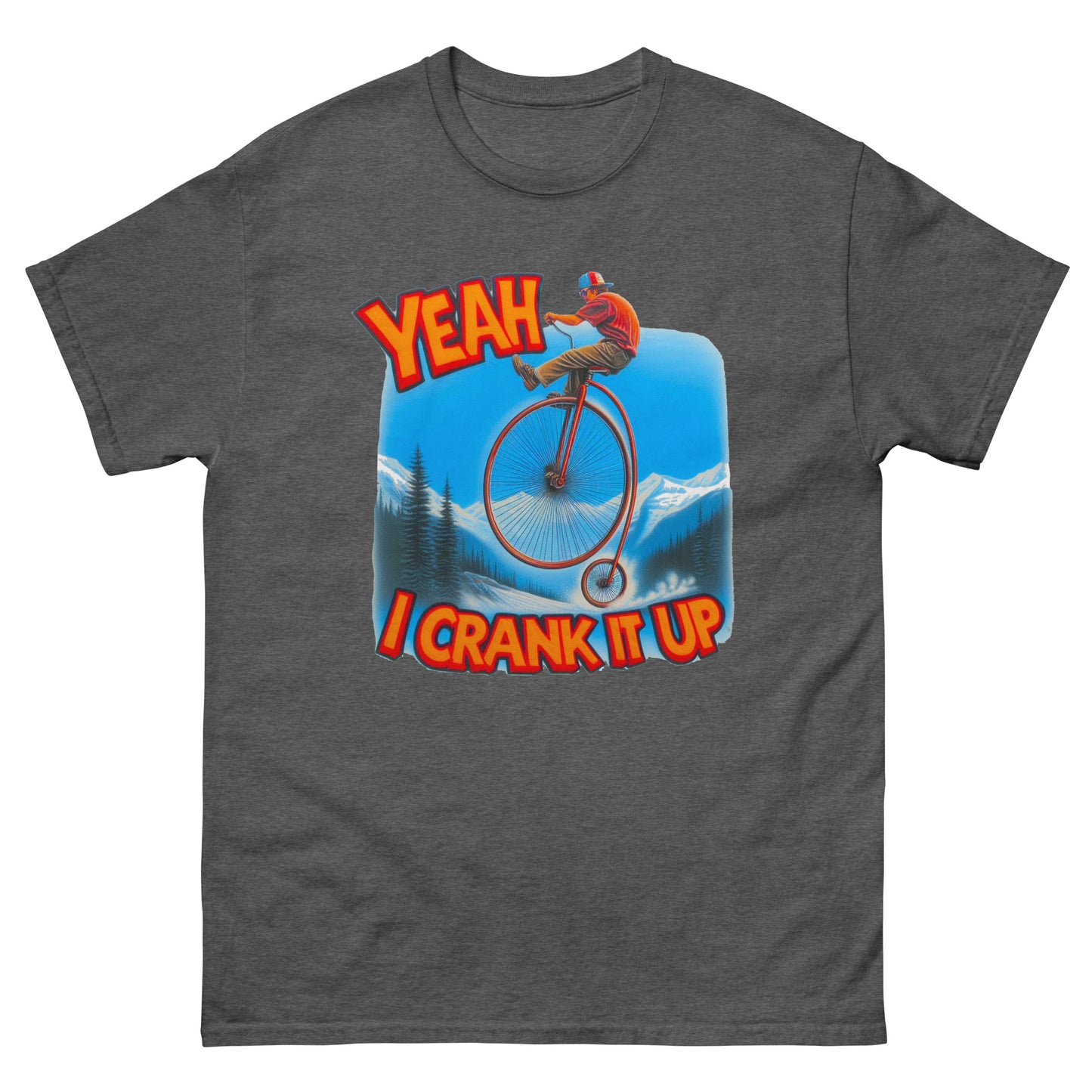 Yeah I crank it up design with man on a penny farthing printed on a t-shirt by Whistler shirts
