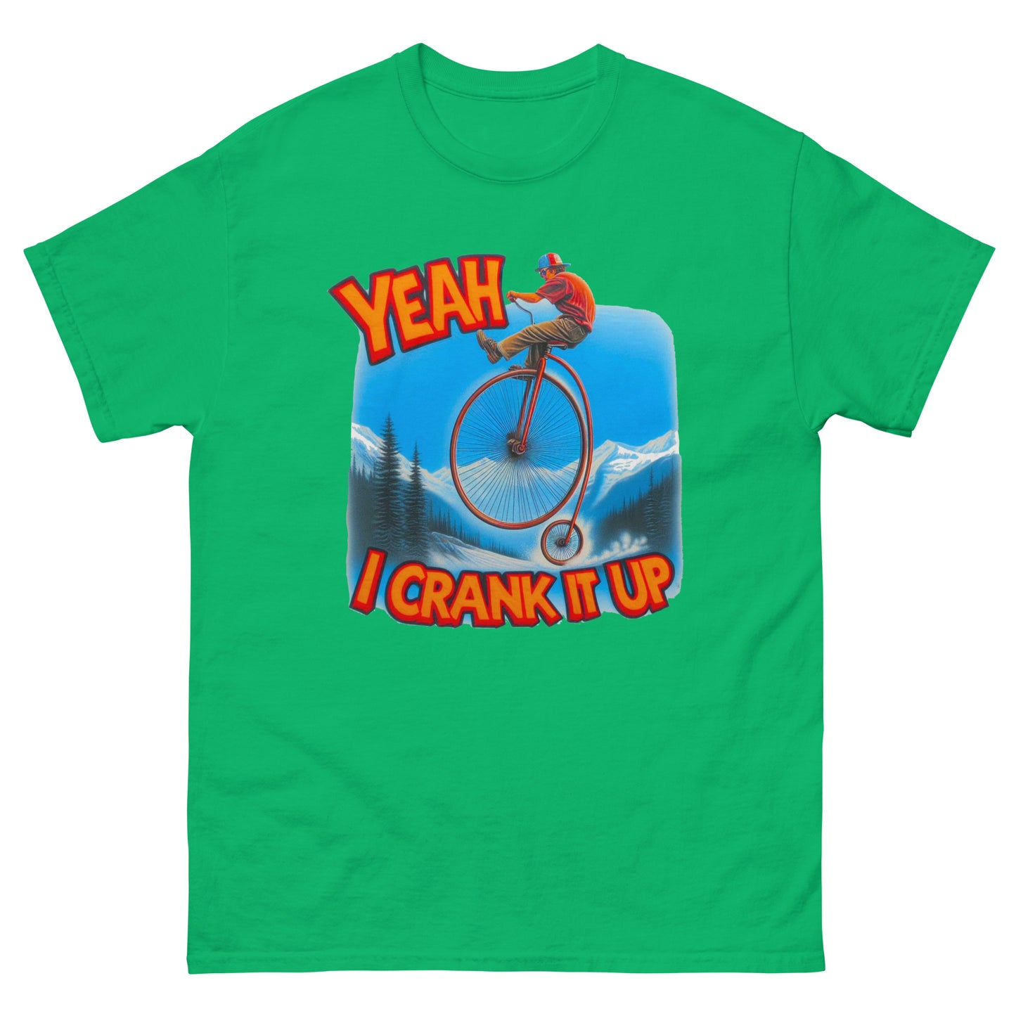 Yeah I crank it up design with man on a penny farthing printed on a t-shirt by Whistler shirts