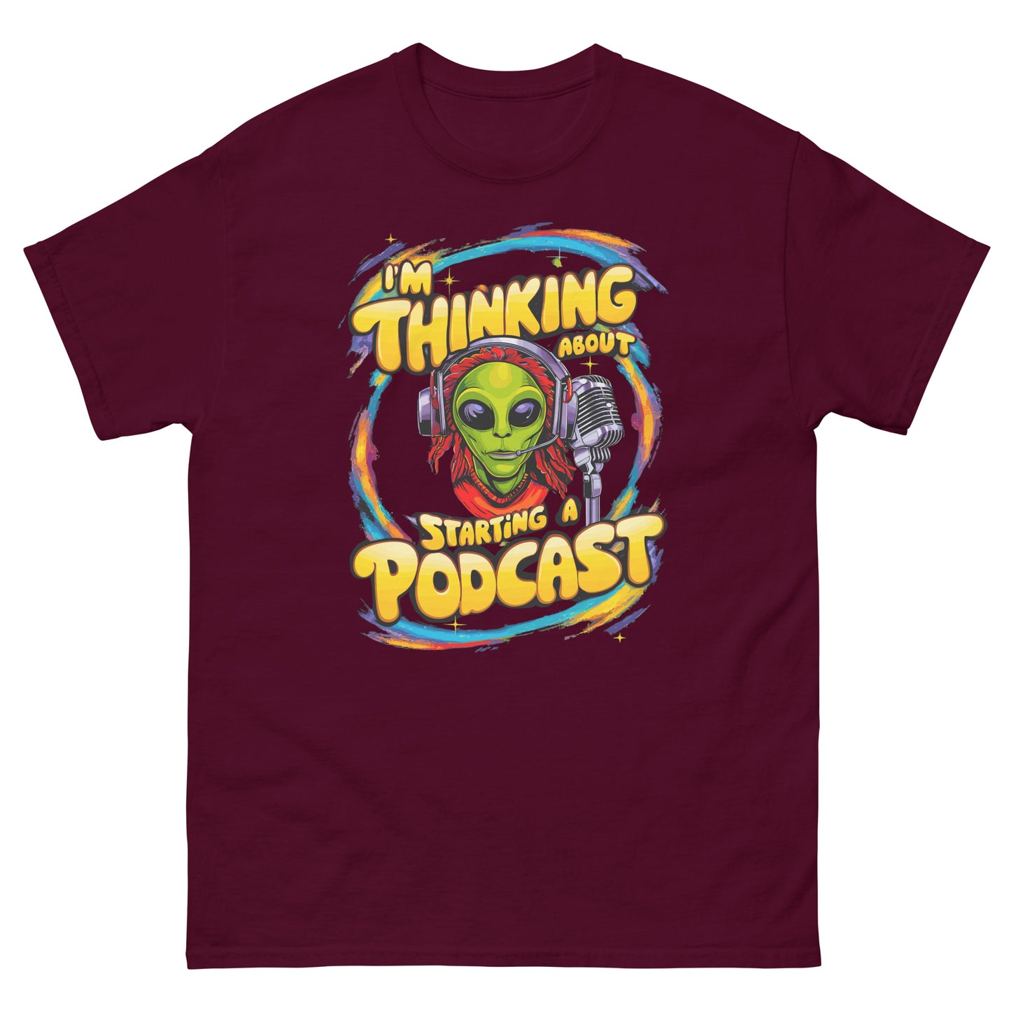 I'm thinking about starting a podcast design with alien and a microphone printed on a t-shirt by Whistler Shirts