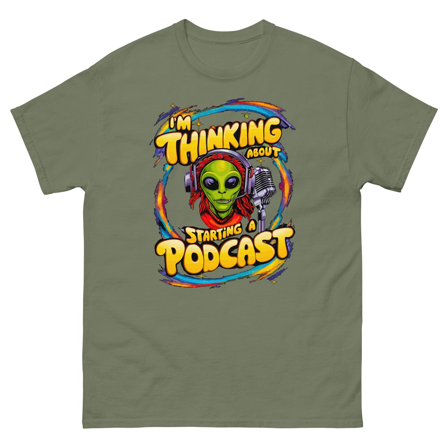 I'm thinking about starting a podcast design with alien and a microphone printed on a t-shirt by Whistler Shirts