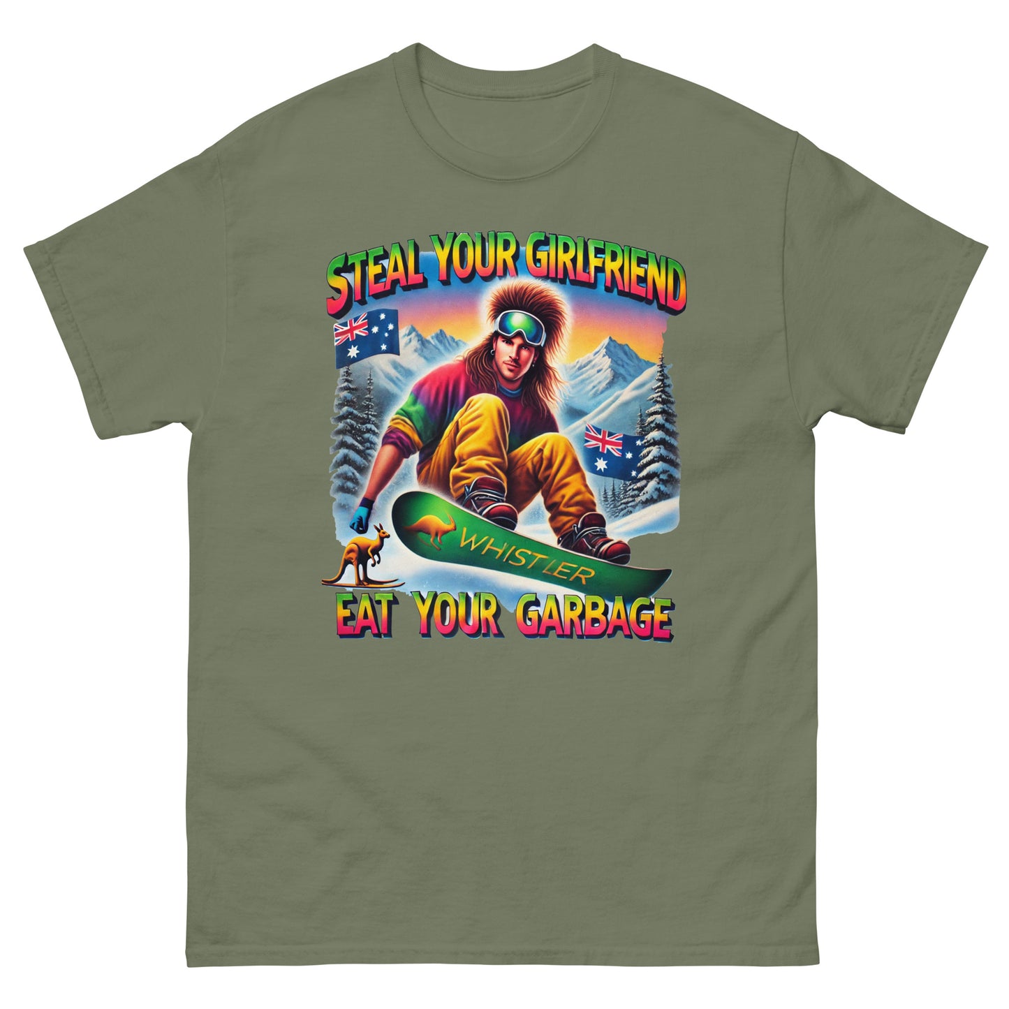 Steal Your Girlfriend Eat your garbage with australian guy with mullet snowboarding with kangaroo design printed on T-shirt by whistler Shirts