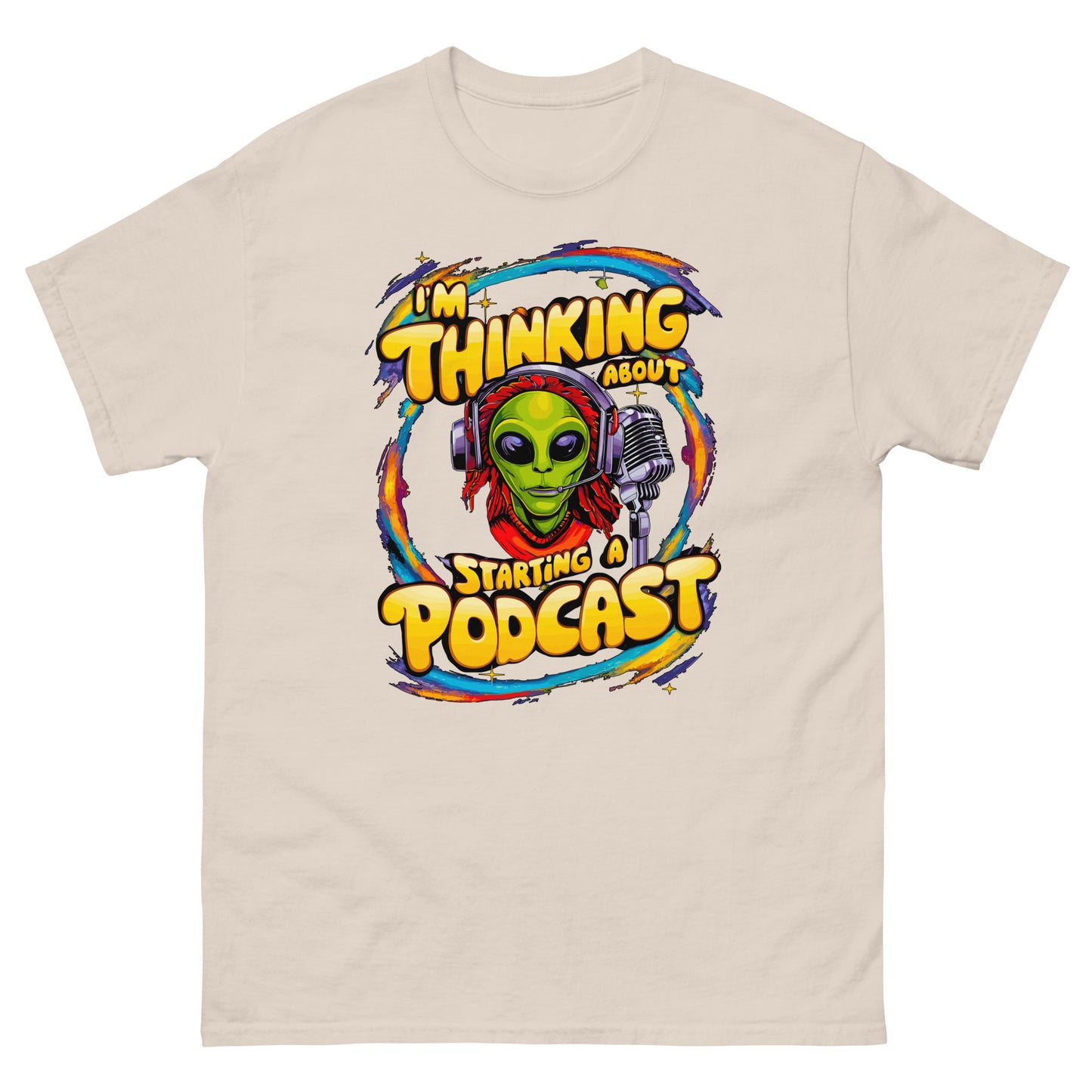 I'm thinking about starting a podcast design with alien and a microphone printed on a t-shirt by Whistler Shirts
