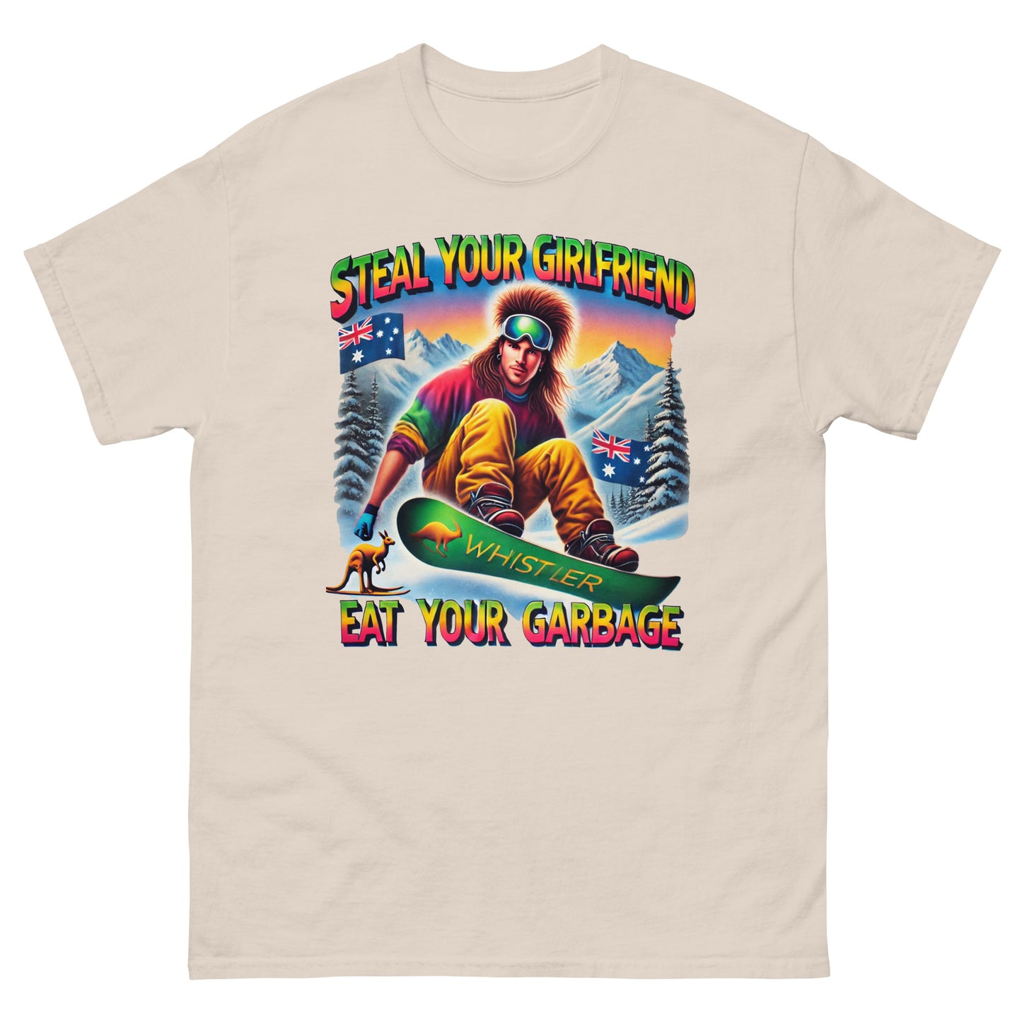 Steal Your Girlfriend Eat your garbage with australian guy with mullet snowboarding with kangaroo design printed on T-shirt by whistler Shirts