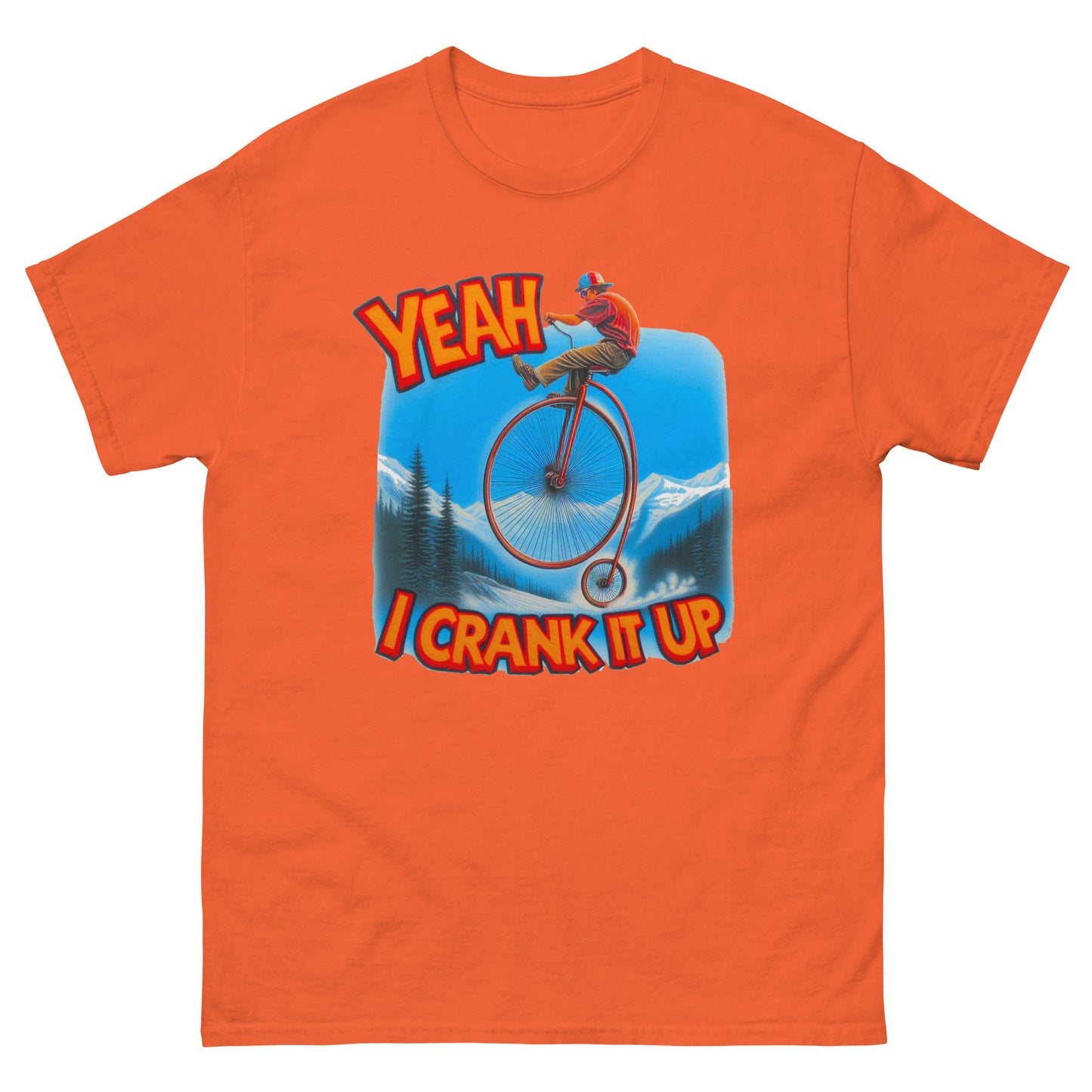 Yeah I crank it up design with man on a penny farthing printed on a t-shirt by Whistler shirts