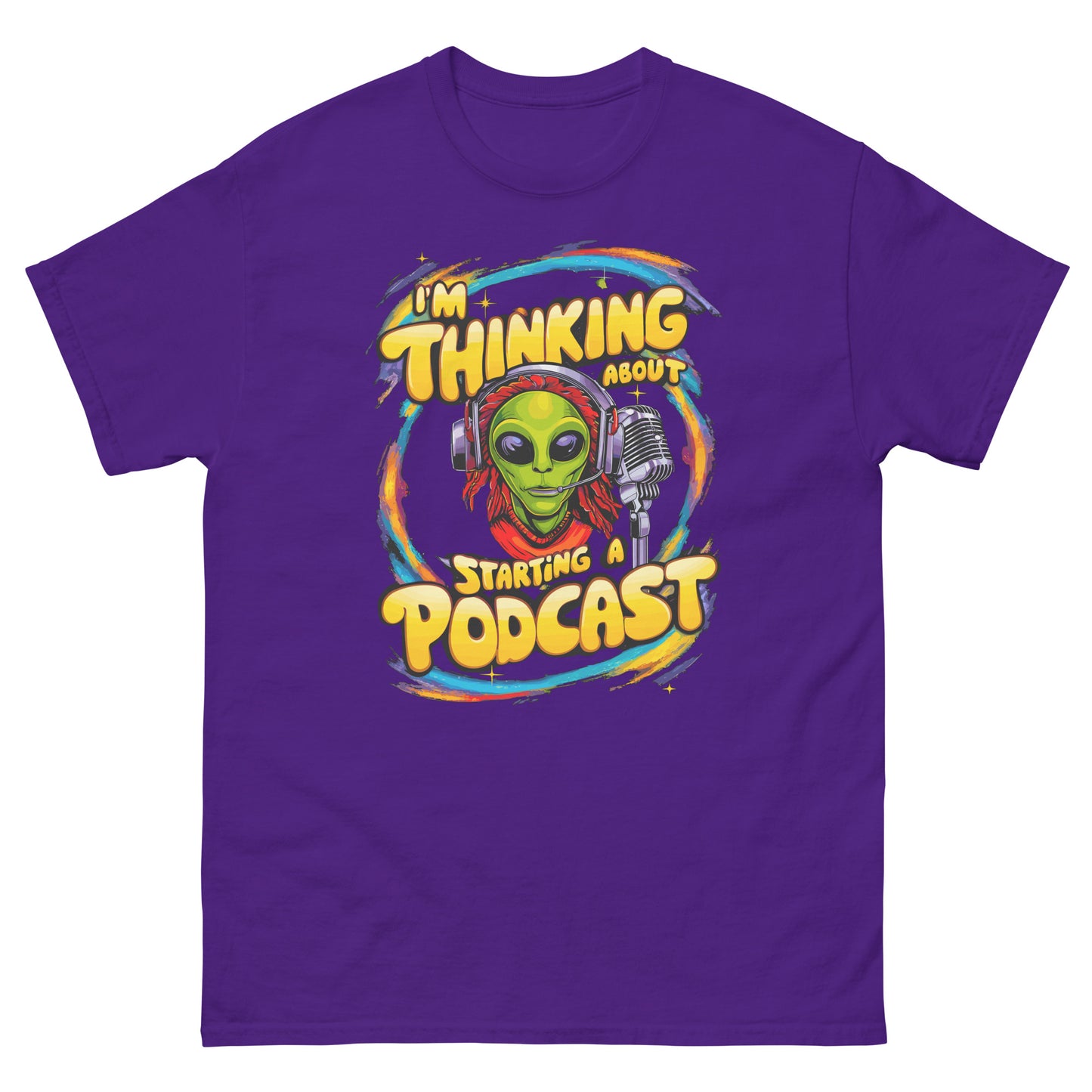 I'm thinking about starting a podcast design with alien and a microphone printed on a t-shirt by Whistler Shirts