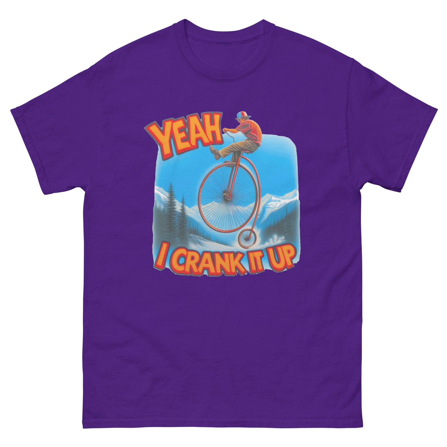 Yeah I crank it up design with man on a penny farthing printed on a t-shirt by Whistler shirts