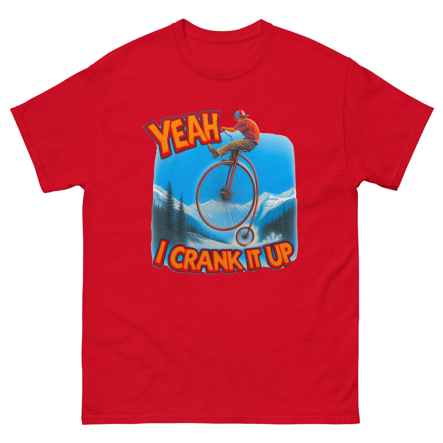 Yeah I crank it up design with man on a penny farthing printed on a t-shirt by Whistler shirts