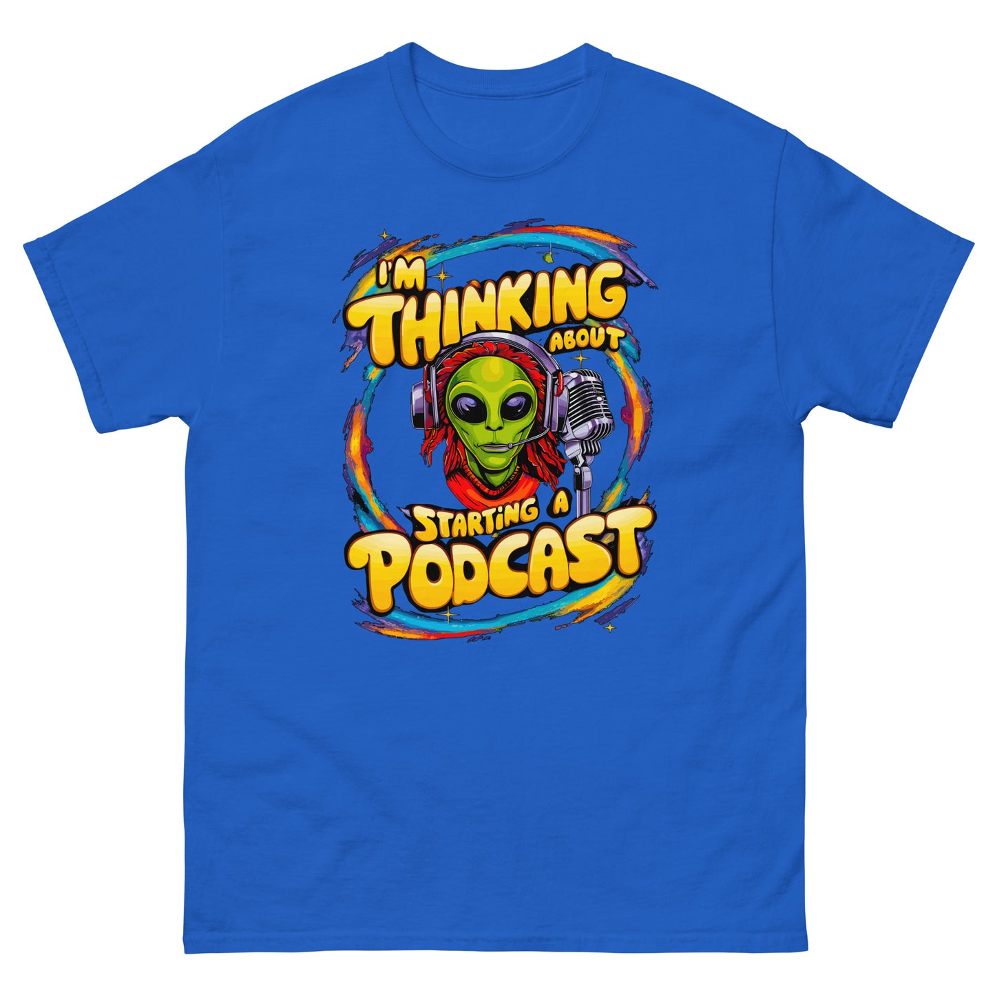 I'm thinking about starting a podcast design with alien and a microphone printed on a t-shirt by Whistler Shirts