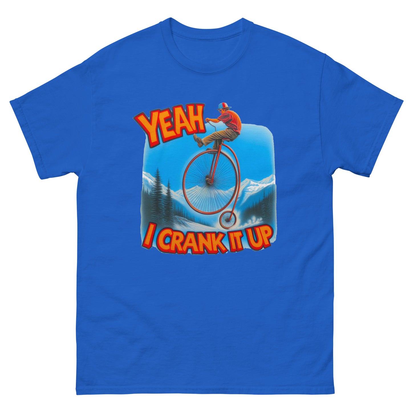 Yeah I crank it up design with man on a penny farthing printed on a t-shirt by Whistler shirts