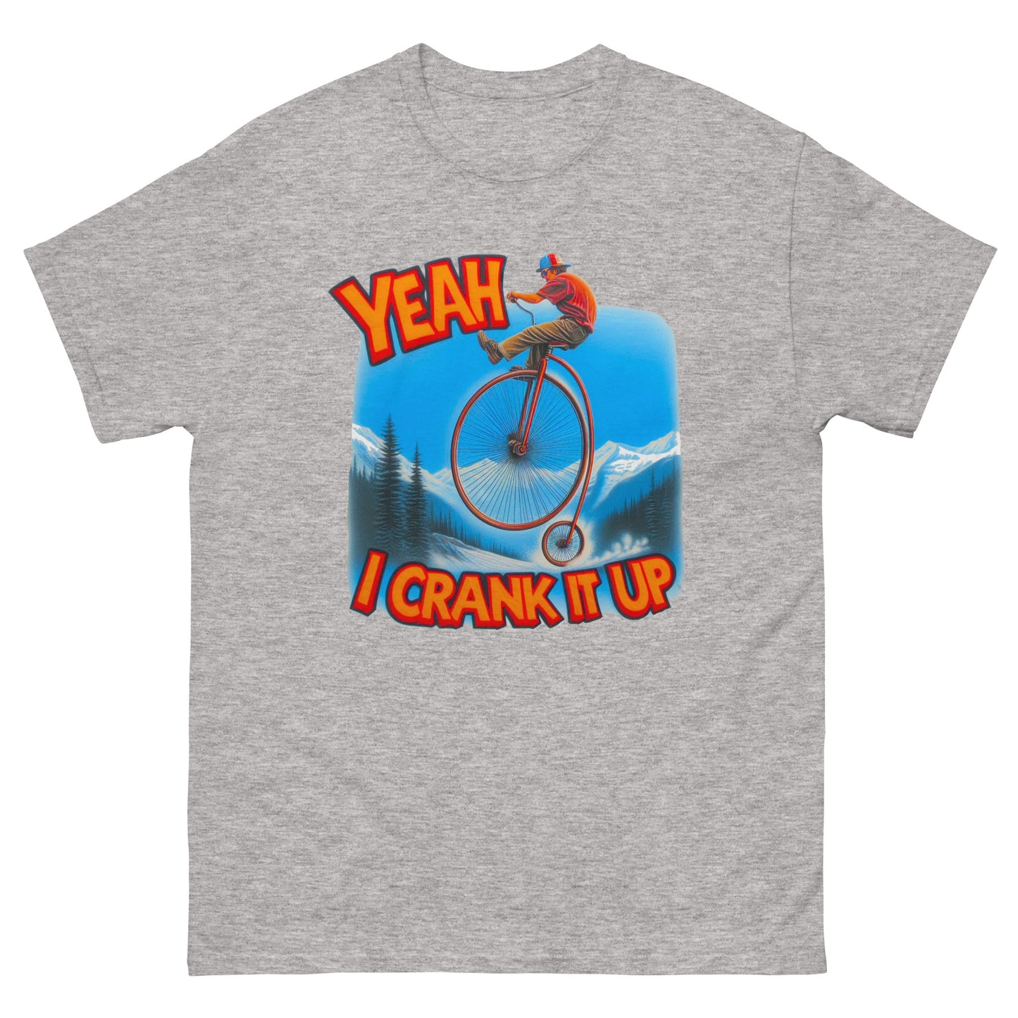 Yeah I crank it up design with man on a penny farthing printed on a t-shirt by Whistler shirts